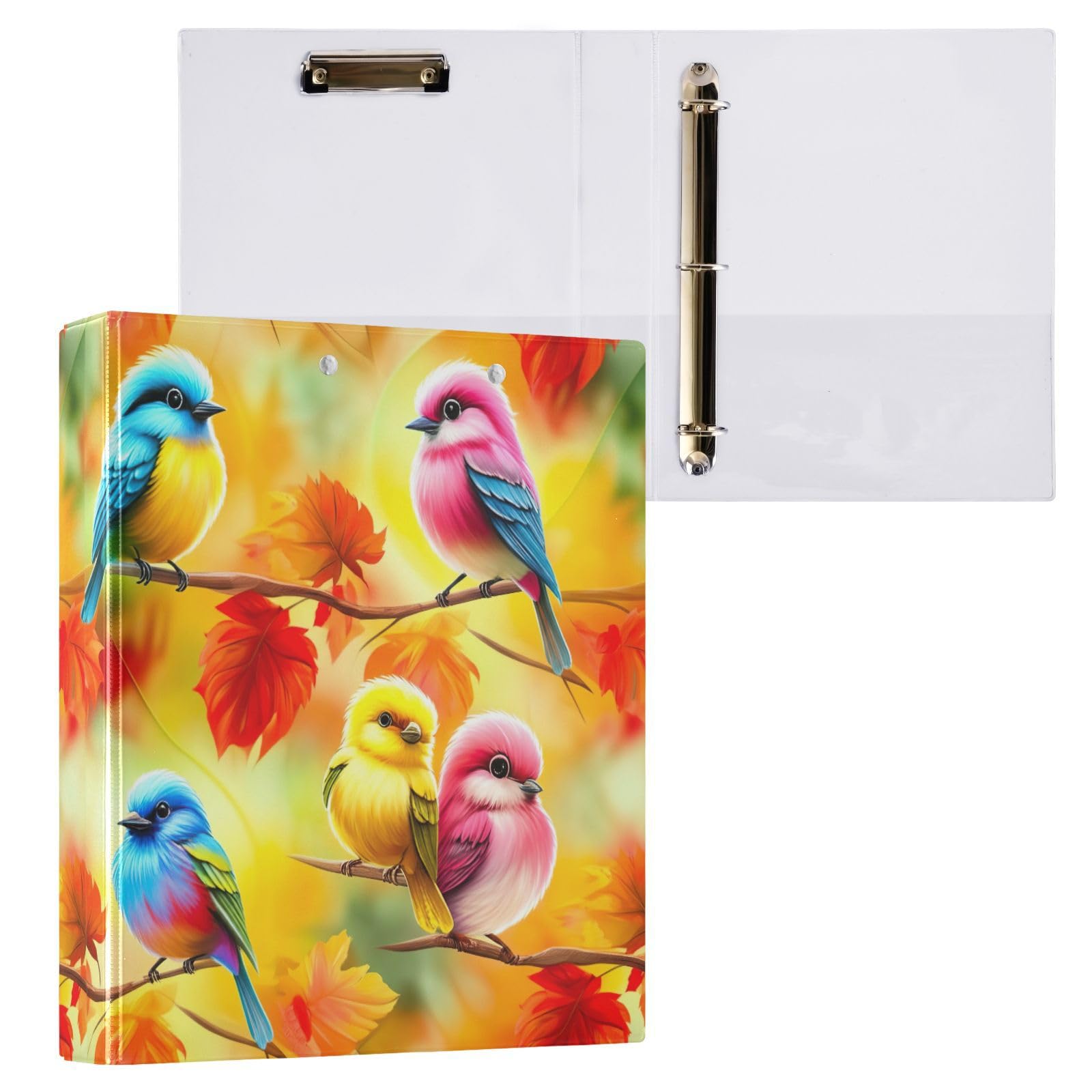 Cute Birds - Raccoglitore a 3 anelli con 3 anelli, 3,8 cm, con portablocco grande, 3 raccoglitori per scuola, università, ufficio (confezione da 2)