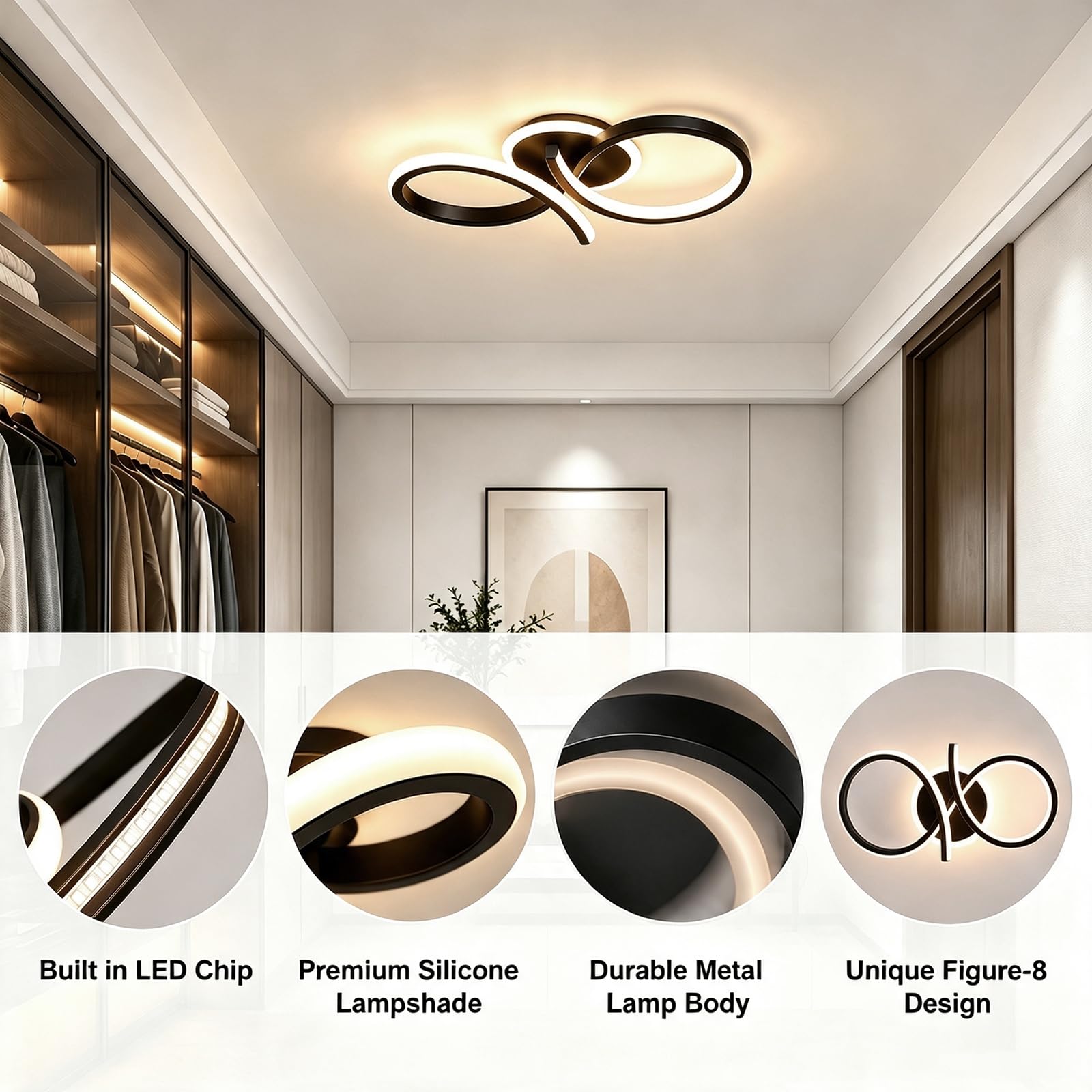 Plafonnier LED Moderne 3000K Noir Luminaire Plafond 4812897