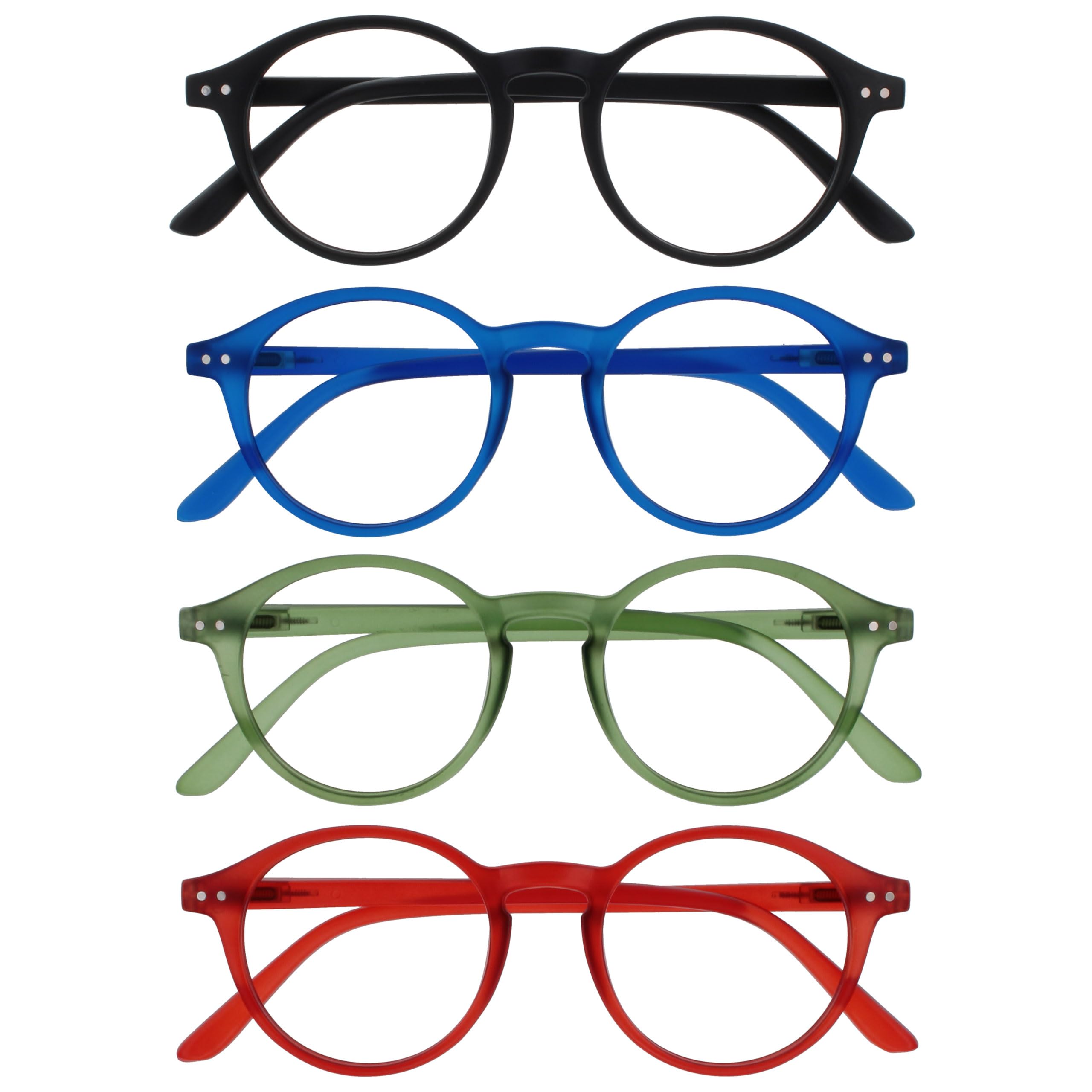 OPULIZE REY Gafas de Lectura - Pack de 4 - Montura Redonda Retro - Negro Mate, Azul, Verde, Rojo - Hombre Mujer - Bisagras de Muelle - RRRR56-136Z - +2.50