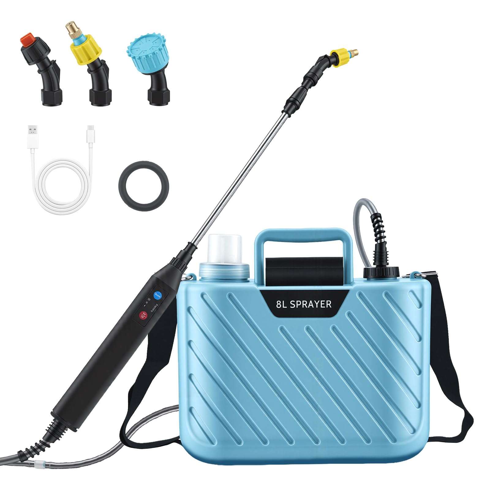 Spruzzatore a pressione da 8L, potente spruzzatore elettrico per piante da 7,4V con 3 ugelli e tracolla regolabile, impugnatura ricaricabile tramite USB e asta telescopica per diserbo e irrigazione