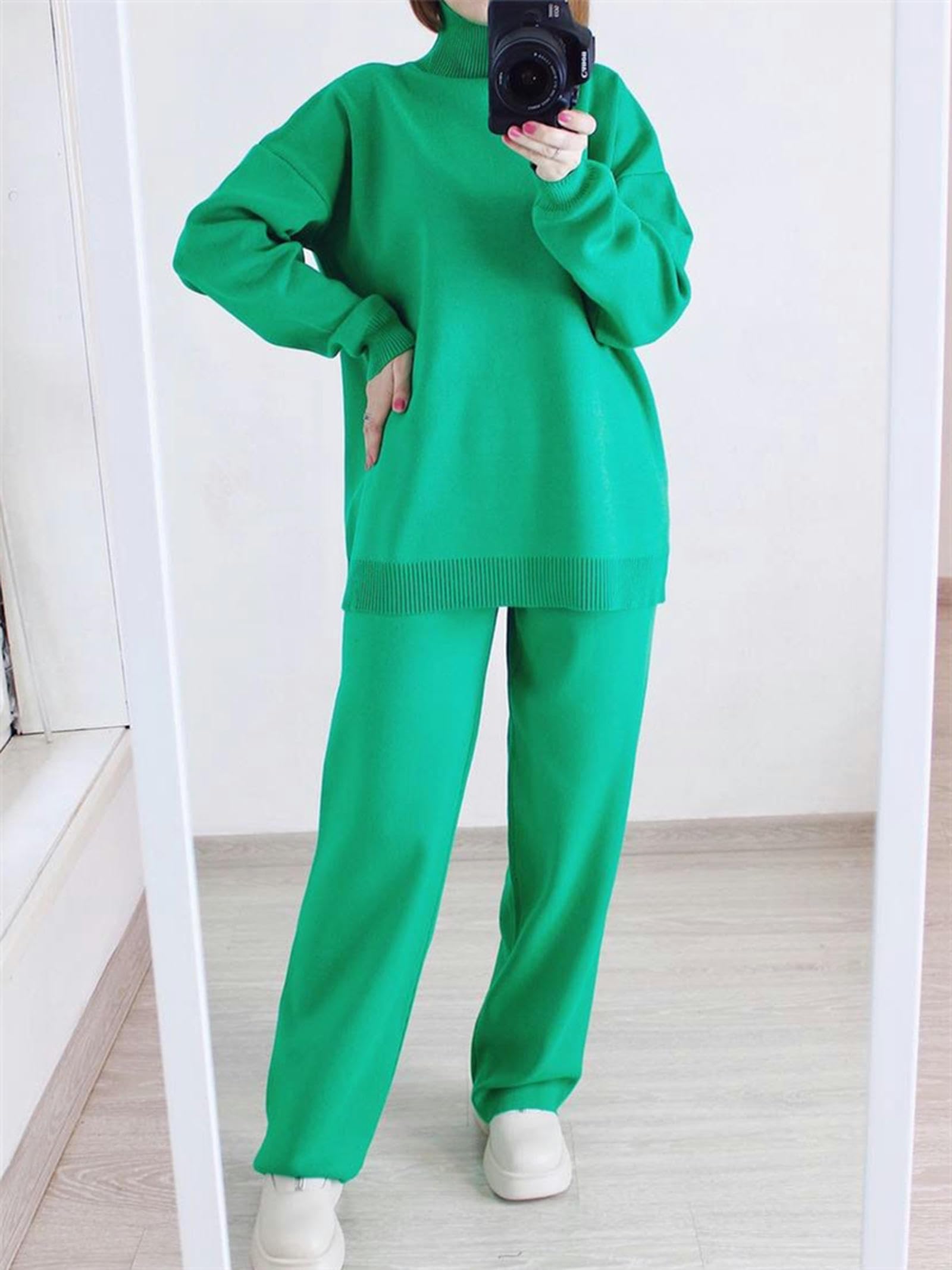 Set da 2 Pantaloni da Jogging a Gamba Dritta con Collo Alto e Tuta in Maglia da Donna-NUOVOblu-Taglia Unica