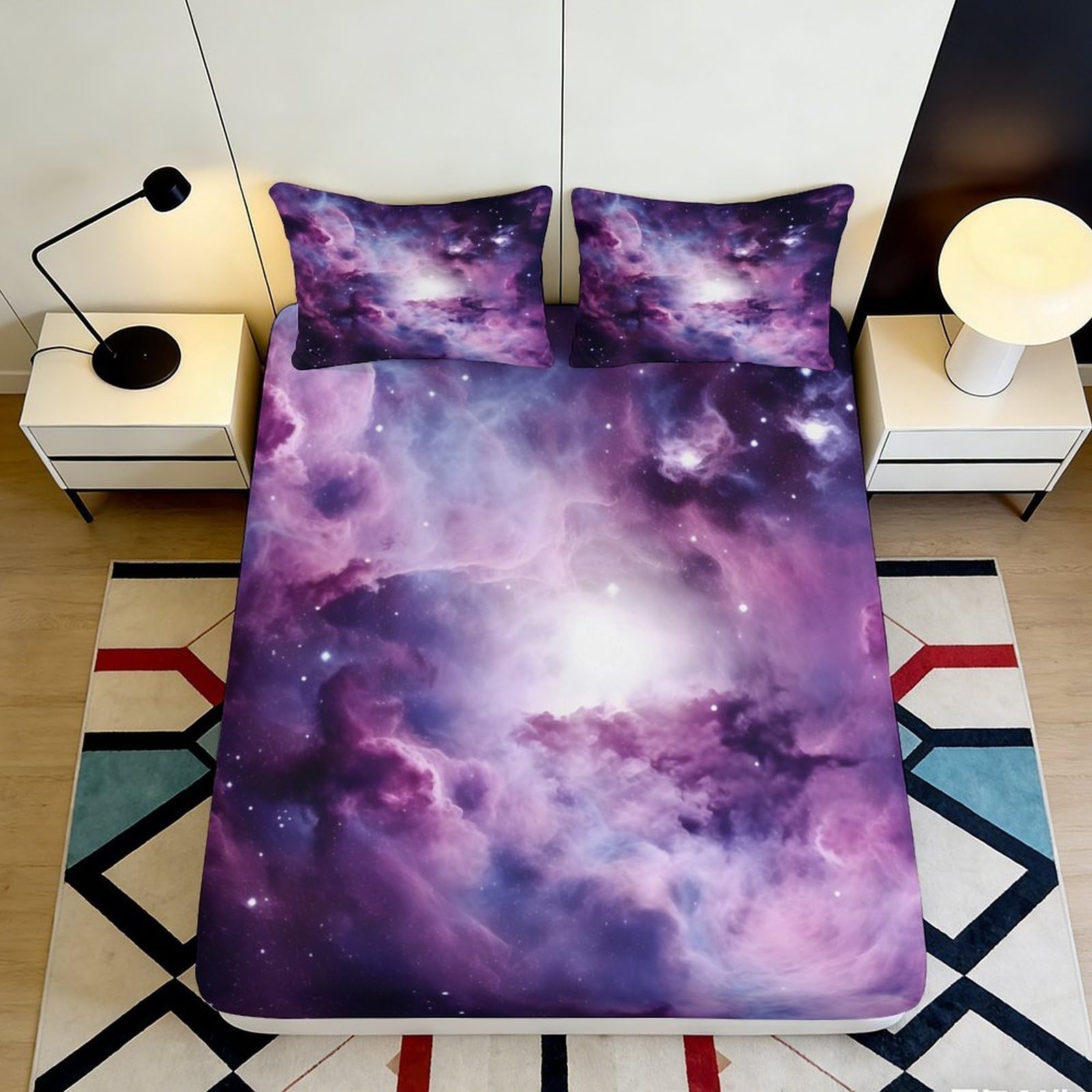 Pnayamiorkfel Style-6 3D Printed Purple Galaxy Fitted Sheet Microfiber Soft Cosmic Nebula Mattress Cover Anti-Slip Bedroom Dorm Easy Care Decor 90X200x25cm