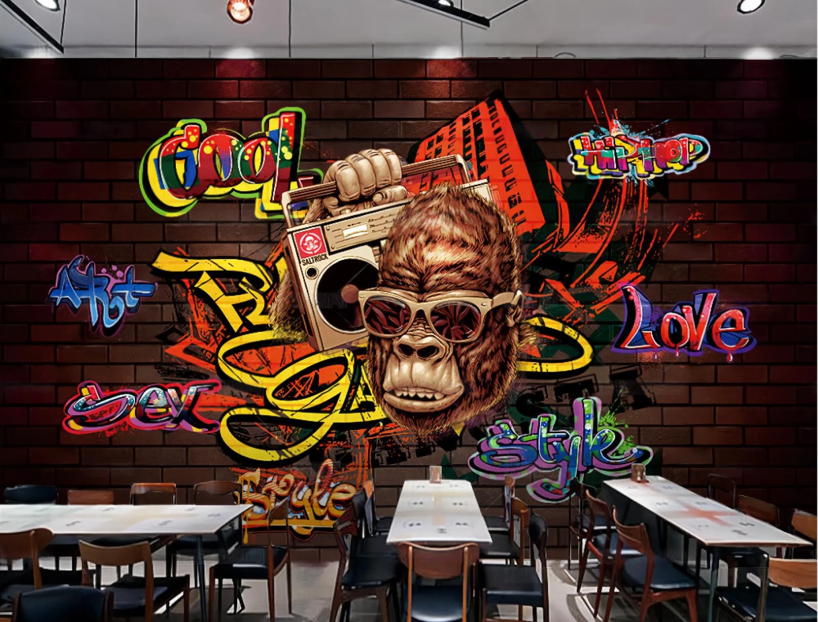 Carta da parati alla moda con tema musicale graffiti hip-hop per bar e ristoranti, 3D, 250x175 cm