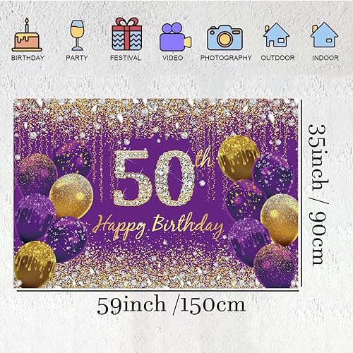 Miniatura 2 de Decoración de cumpleaños número 50 para mujer, póster de tela morada, decoración de fiesta de cumpleaños, pancarta de fondo de cumpleaños 50 para