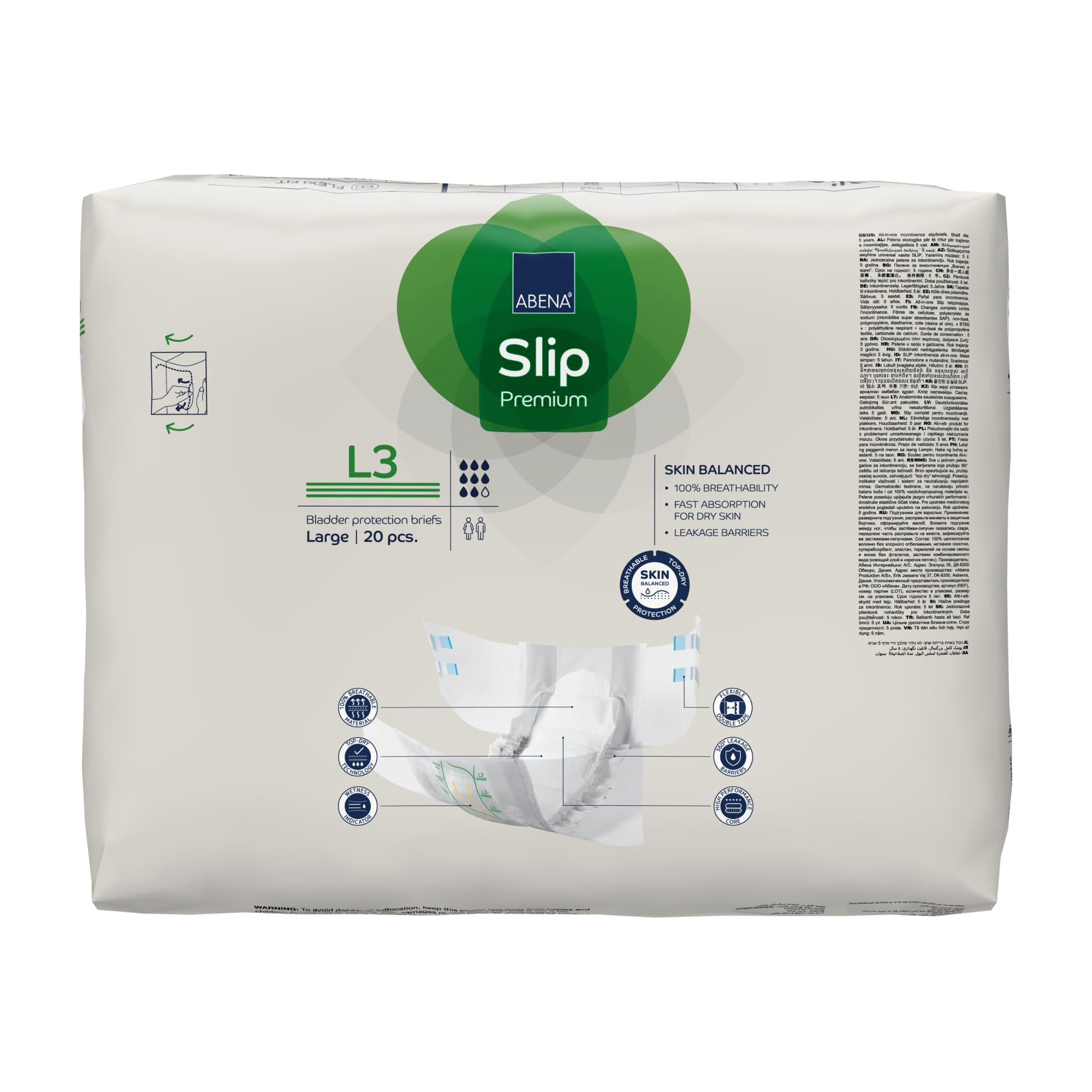 ABENA Slip Premium All-in-One Inkontinenzeinlagen für Damen und Herren, Eco-Labeled Damen-Inkontinenzeinlagen, Größe L 3, 100–150 cm Taille, 3400 ml Saugfähigkeit, 4 x 20 Stück | All-in-One Eco-Labeled Damen-Inkontinenzeinlagen,100–150 cm Taille, 3400 ml