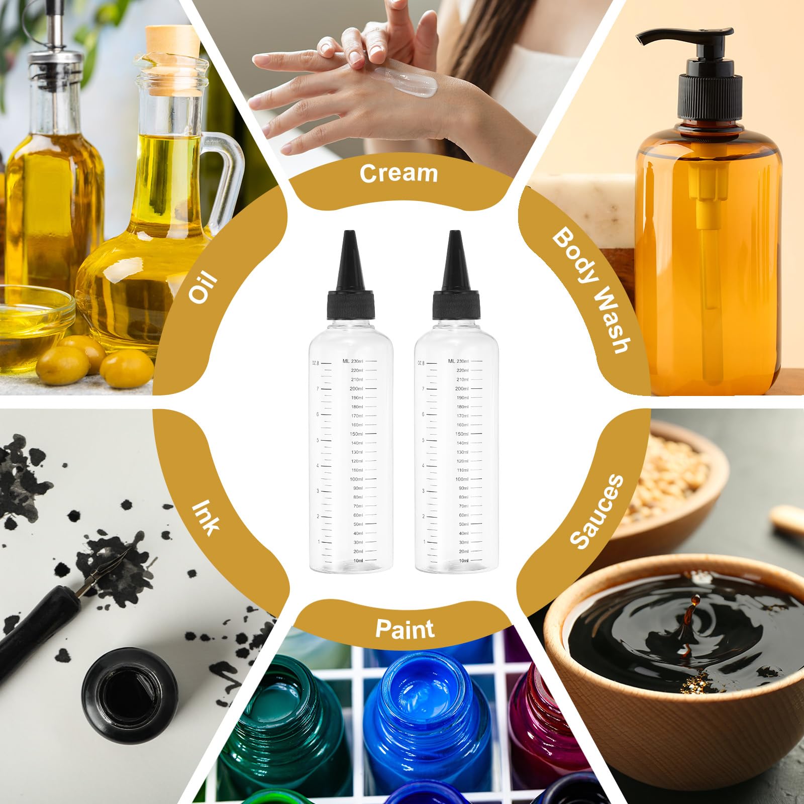 PATIKIL 230 Ml/8 oz Bottiglie Spremiplastica con Tappo Nero, 8 Pz Bottiglia di Erogazione Rotonda Graduata Vuota Bottiglia Puntuta per Liquidi, Artigianato, Oli, Condimenti, Trasparente