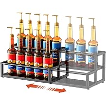 Nuovoware Expandable Coffee Syrup Organizer, 2-Tier Syrup Rack, Black | Holds 10-16 Bottles, Adjustable Width Carbon Steel Coffee Bar Organizer for Countertop Kitchen Bar