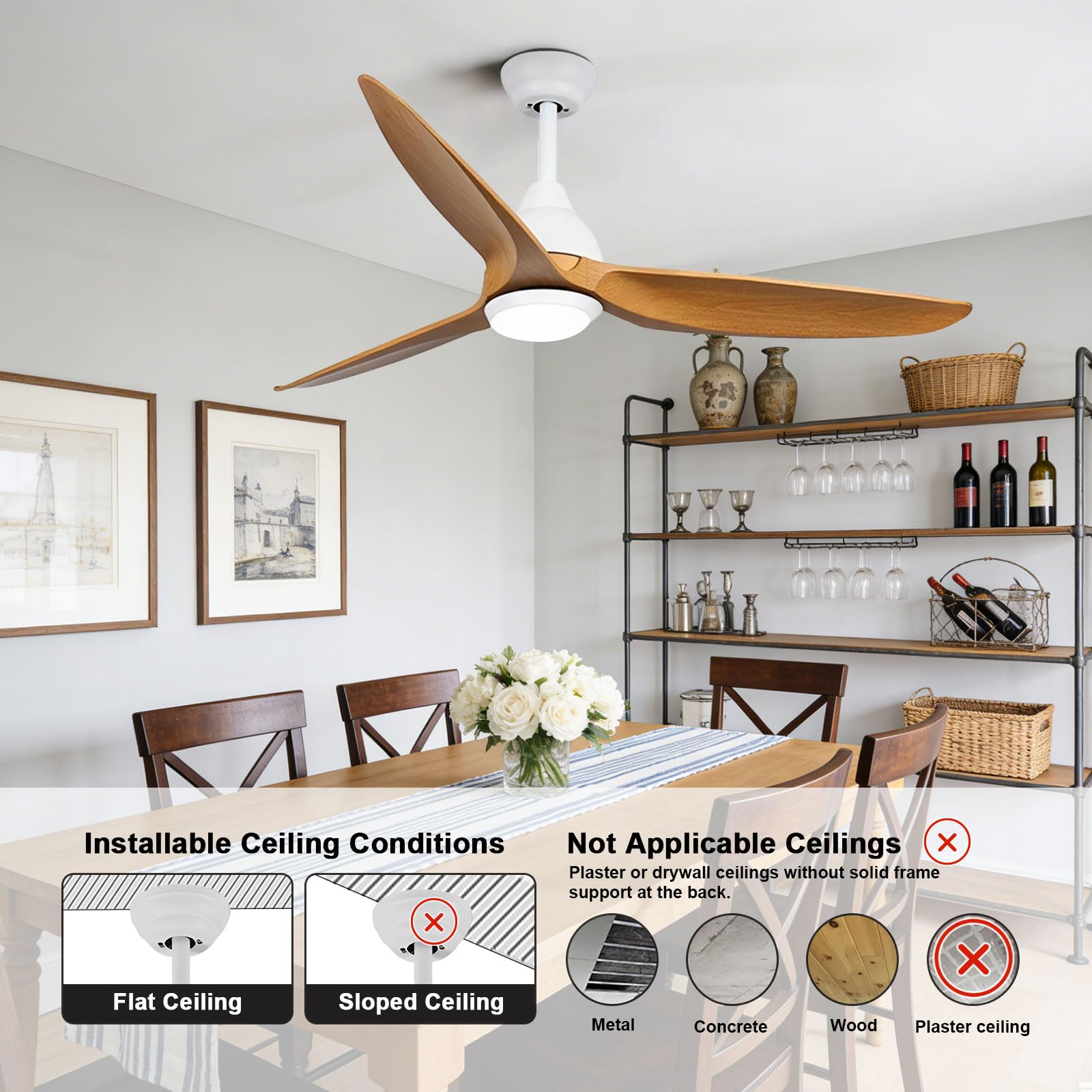 Ventilador de Techo Inteligente con luz, Control Remoto/aplicación/Voz, 6 velocidades, silencioso, luz LED Regulable, 3 aspas de ABS, diseño Moderno para Dormitorio, Comedor y Sala