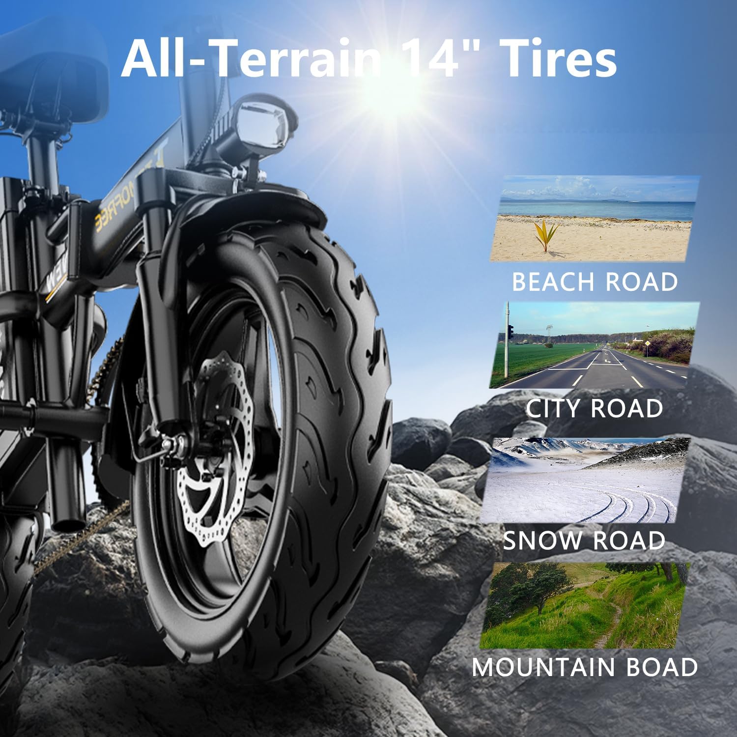 FHW S1 Pro Electric Bike with 14-inch all-terrain tires, showing suitability for beach, city, snow, and mountain roads