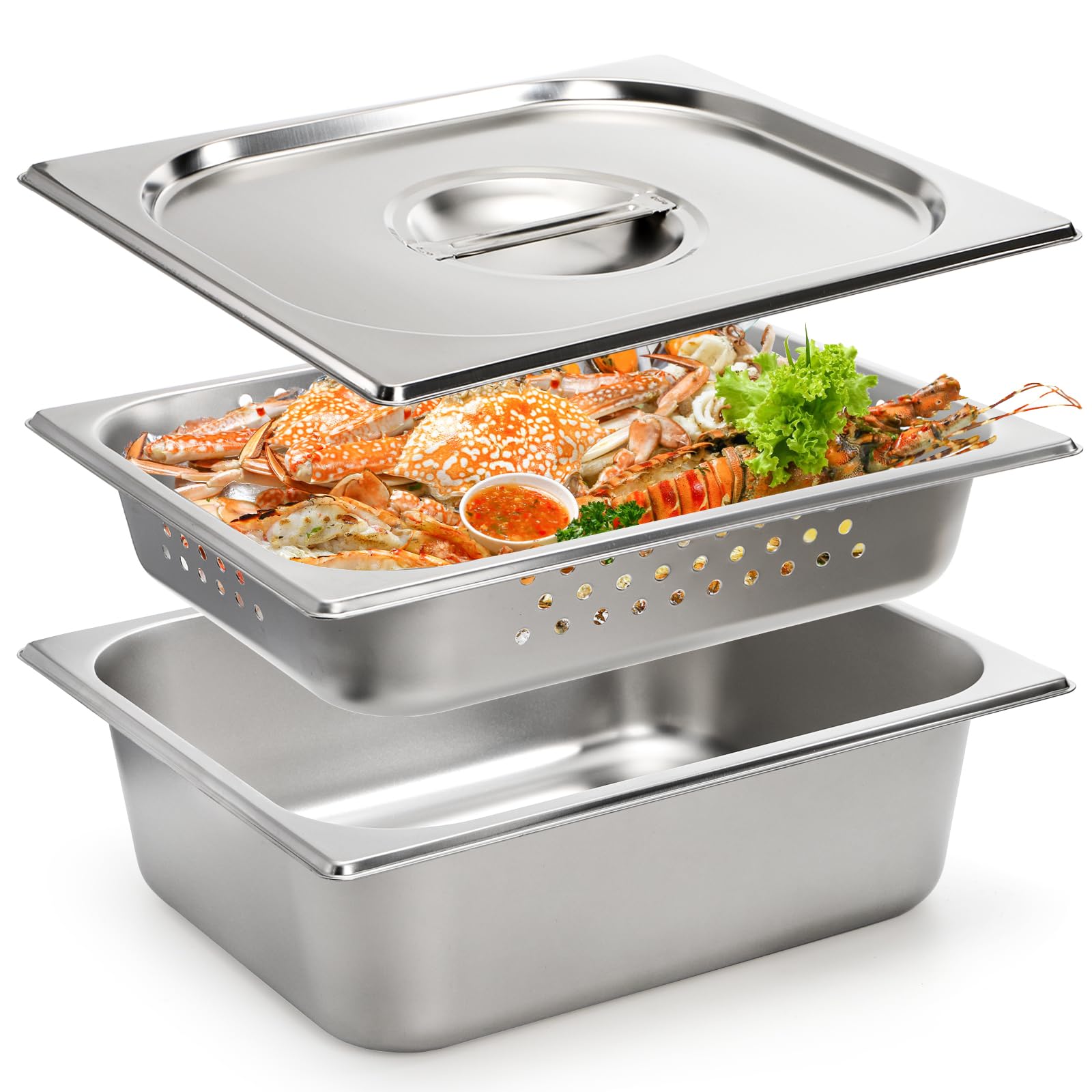 Kingrol Paquete de 3 sartenes de mesa de vapor de 1/2, sartenes de hotel de acero inoxidable de 4 pulgadas de profundidad con tapa, sartén de vapor perforada, sartenes para bufés, catering y cocinas