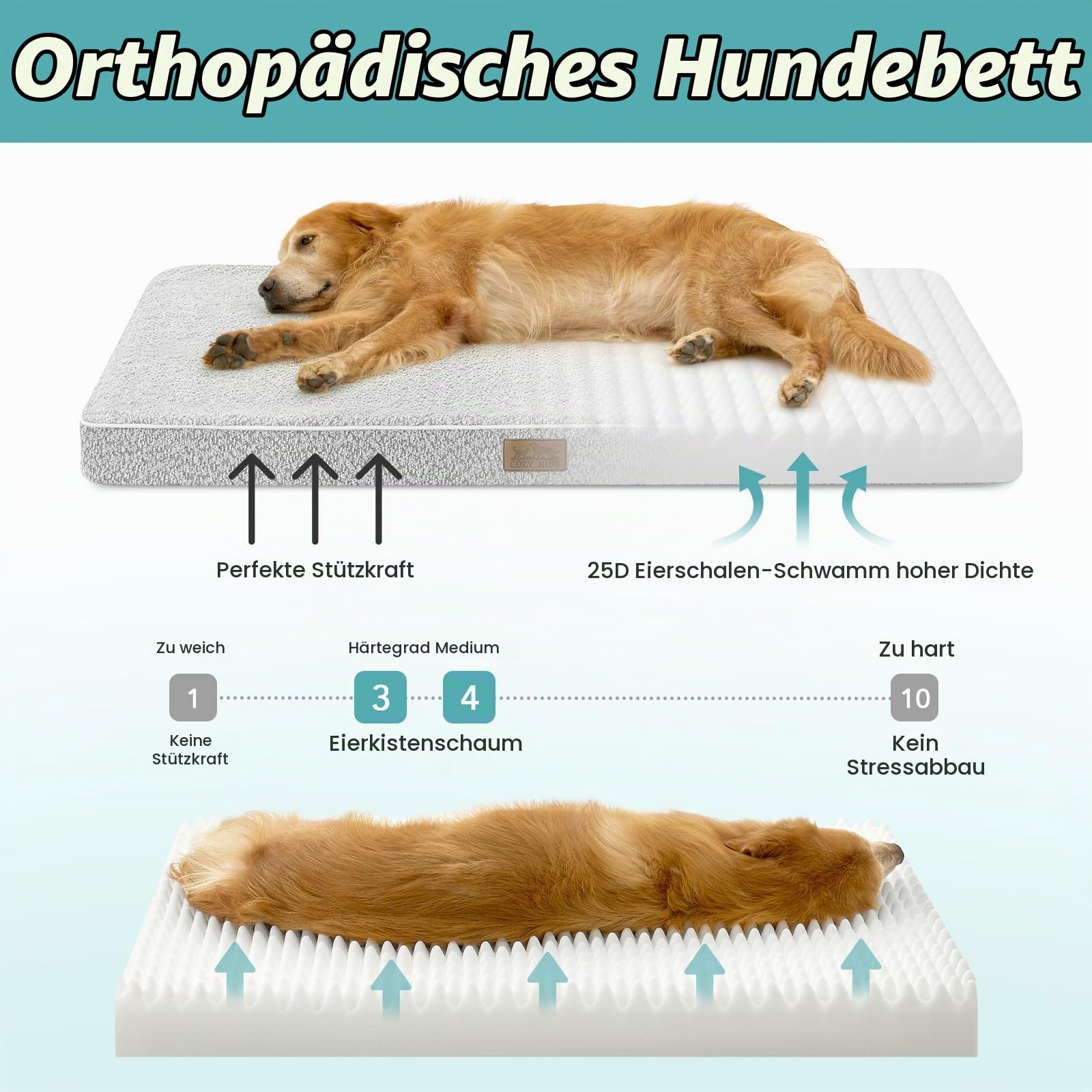 COZY KISS Orthopädisches Hundebett Grosse Hunde - 137x112x10 cm Hundekissen Waschbar Hundematte mit Abnehmbarer Bezug, Hundematratze Rutschfester Unterseite, Grau