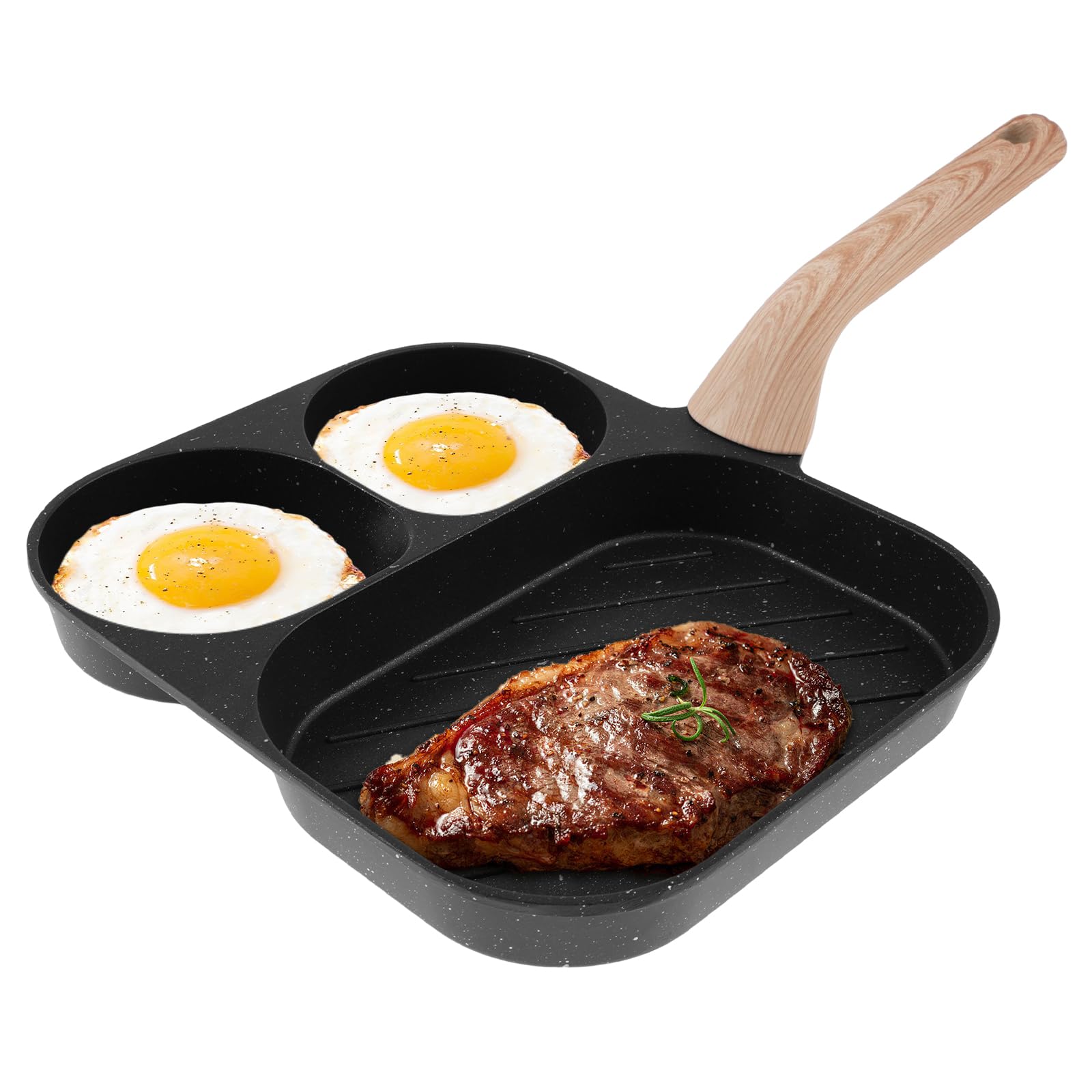 Ghshanog Black Egg Frying Pan,Non-Stick Pancake Pan With 3 Compartments,Mini Omelet Skillet With Wooden Handle,Aluminum Fried Egg Burger Pans For Breakfast Steak Pancakes Burgers(Black)