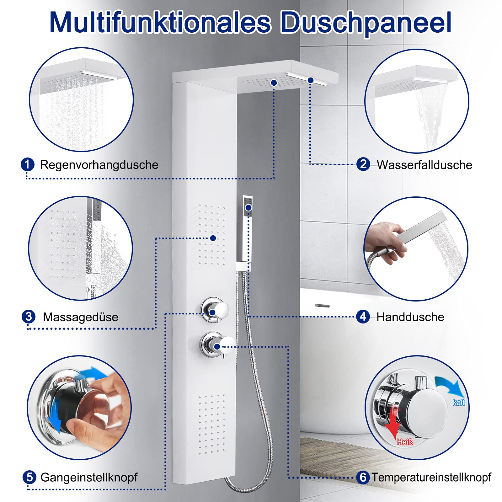 UISEBRT Pannello Doccia Idromassaggio in Acciaio Inox - 4 Funzioni Colonna Doccia Set con per Bagno Inox Sistema Set Doccia con Soffione Fisso,Massaggi,Doccetta e Bocca Vasca (Bianco opaco)