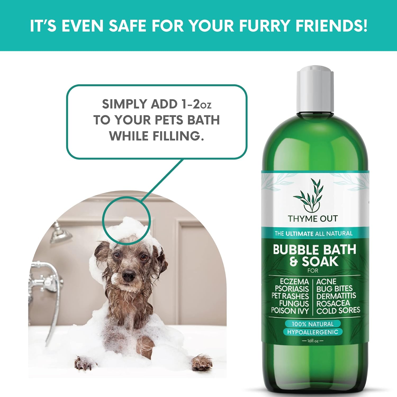 All Natural, Organic Plant Based Bubble Bath - Hypoallergenic Skin-Soothing Thyme Eczema Bath Soak with Colloidal Oatmeal - Sensitive Skin Bubble Bath for Kids & Adults - 16oz - Image 6