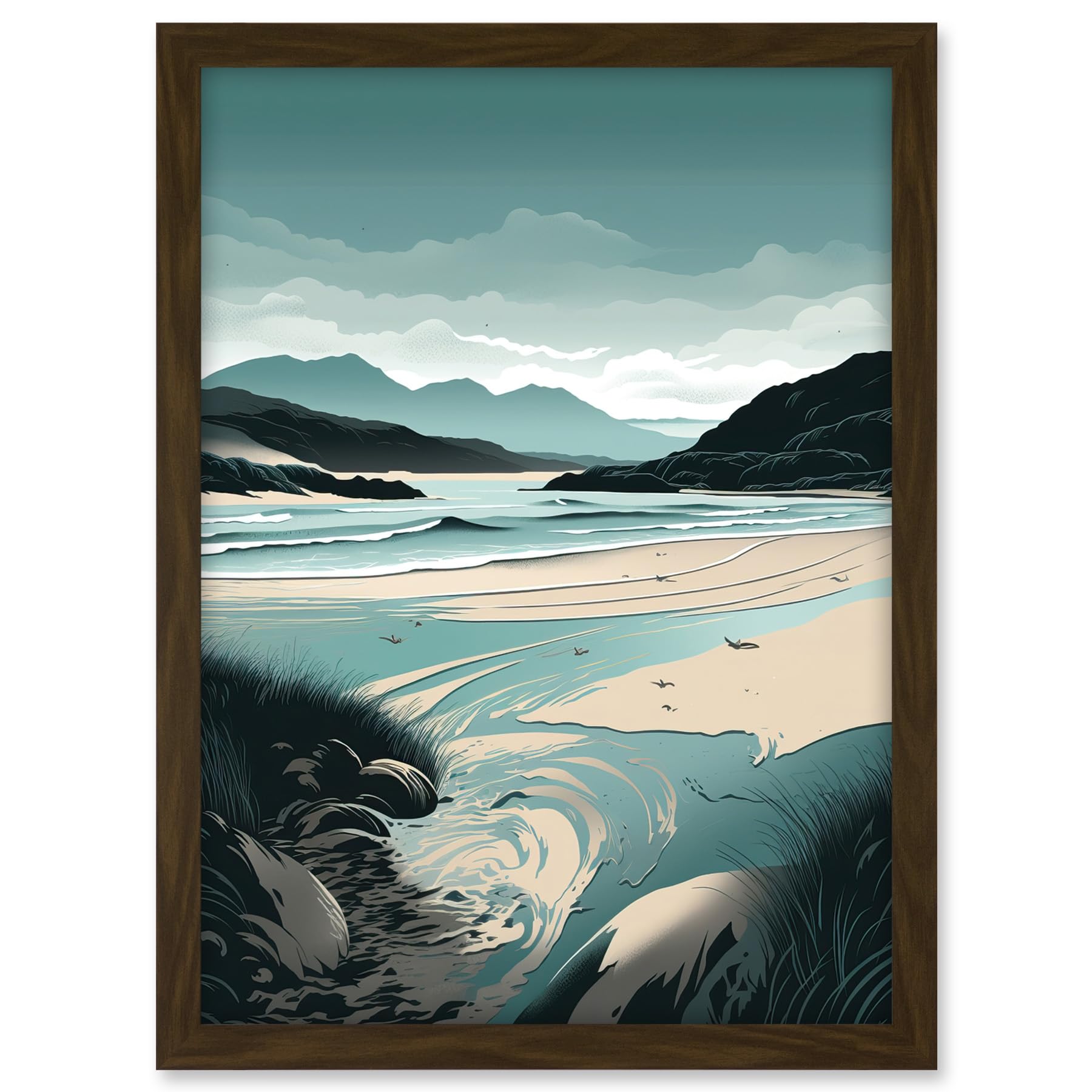 Artery8 Luskentyre Sands Coastal Landscape Illustration Artwork Framed A3 Wall Art Print