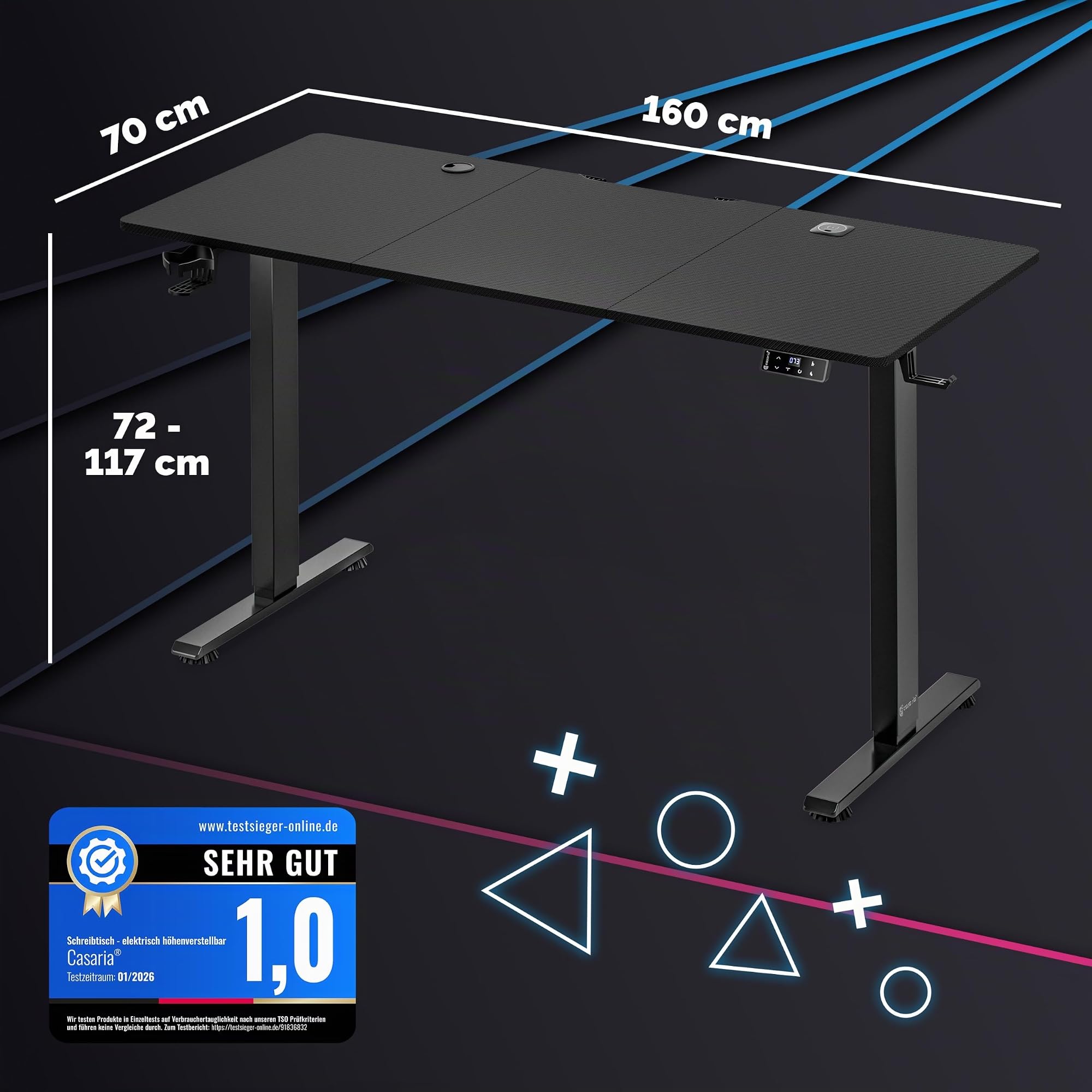 Casaria® Bureau Assis Debout 160 x 70 cm Bureau Gaming Aspect Carbone Standing Desk Hauteur Réglable 72 117 Cm Chargeur sans Fil Ports USB C USB A Structure Acier 80 Kg