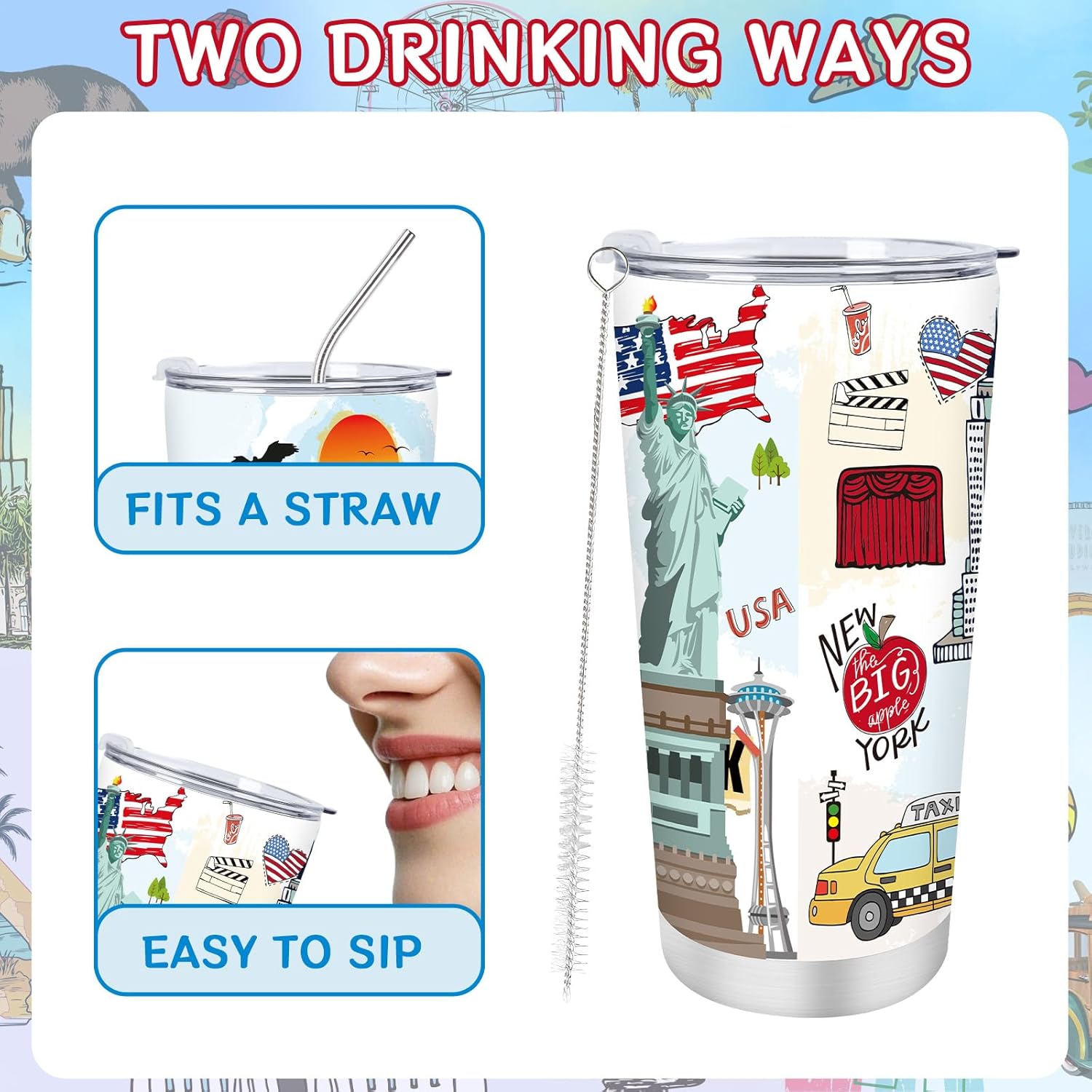 Keluna New York Souvenirs Gifts - 20Oz Stainless Steel New York Coffee Cup with Lids Straw Brush, Insulated NYC Travel Mug, City Travel Trip Birthday Christmas Mother's Day Gifts for Friends Familes - Image 4