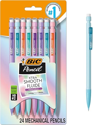 BIC Lápices mecánicos pastel Xtra-Smooth con borradores, punta media (0.028 in), paquete de 24 unidades, lápices mecánicos a granel para suministros