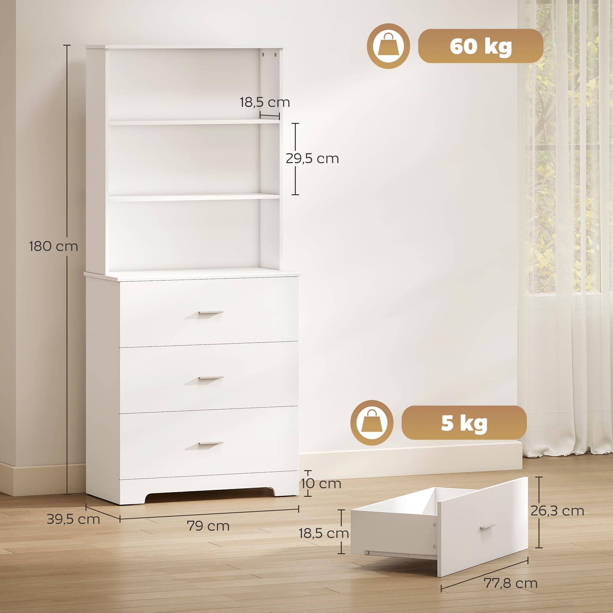 HOMCOM Regał na książki 180 cm Wysoki szafka witryna z 3 szufladami, 3 otwartymi półkami Szafka kuchenna do salonu kuchni Biała