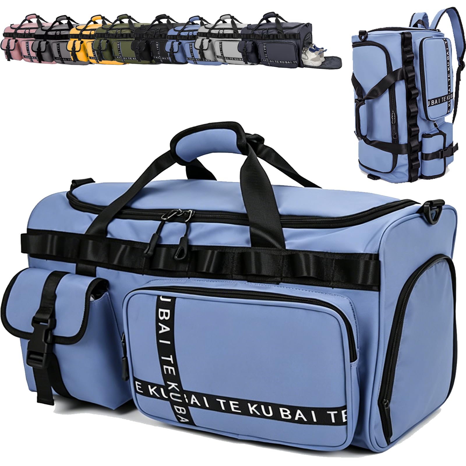 Reisetasche Damen Herren, 65L Wasserabweisende Sporttasche, Reise Tasche mit Schuhfach und Nassfach, Gym Bag, Handtasche, Umhängetasche, Schultertasche für Reisen, Fitness, Sport, Königsblau