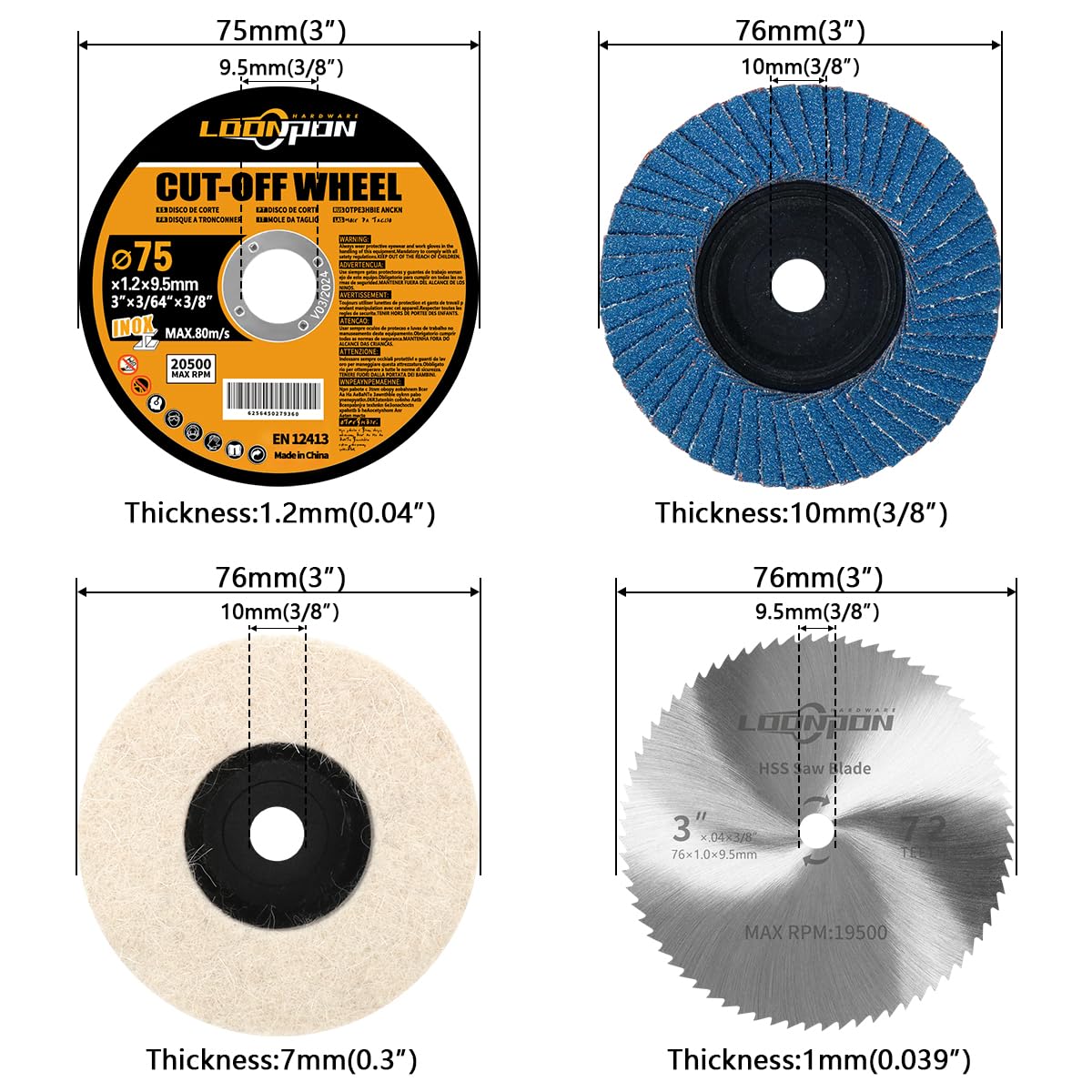Dischi da taglio, a ventaglio, set di dischi lucidanti ∅ 75 x 9.5 mm, per smerigliatrice angolare, taglio e lucidatura metallo, punta di montaggio per filiere, (75 mm, 20 pezzi)