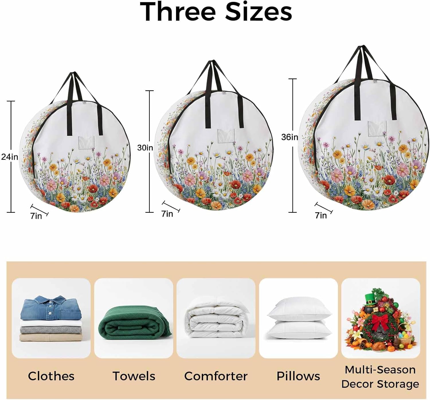Spring Flower Round Storage Bag 36 Inch, Red Pink Orange Floral Leaves Natural Clothes Storage Container with Handles Heavy Duty Organizer for Comforter, Bedding & Holiday Wreaths