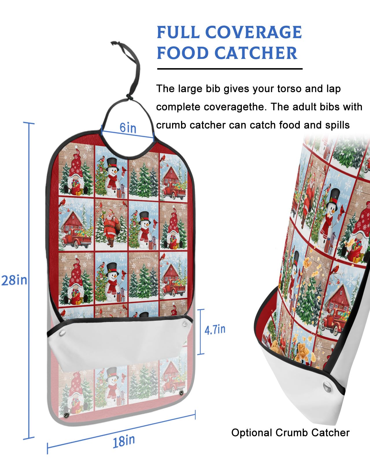 Christmas Snowman Adult Bibs for Eating, Waterproof Bibs with Food Catcher & Adjustable Snap Closure, Truck Gnomes Santa Xmas Tree Red Black Checkered Clothing Protectors Adult Bibs for Elderly