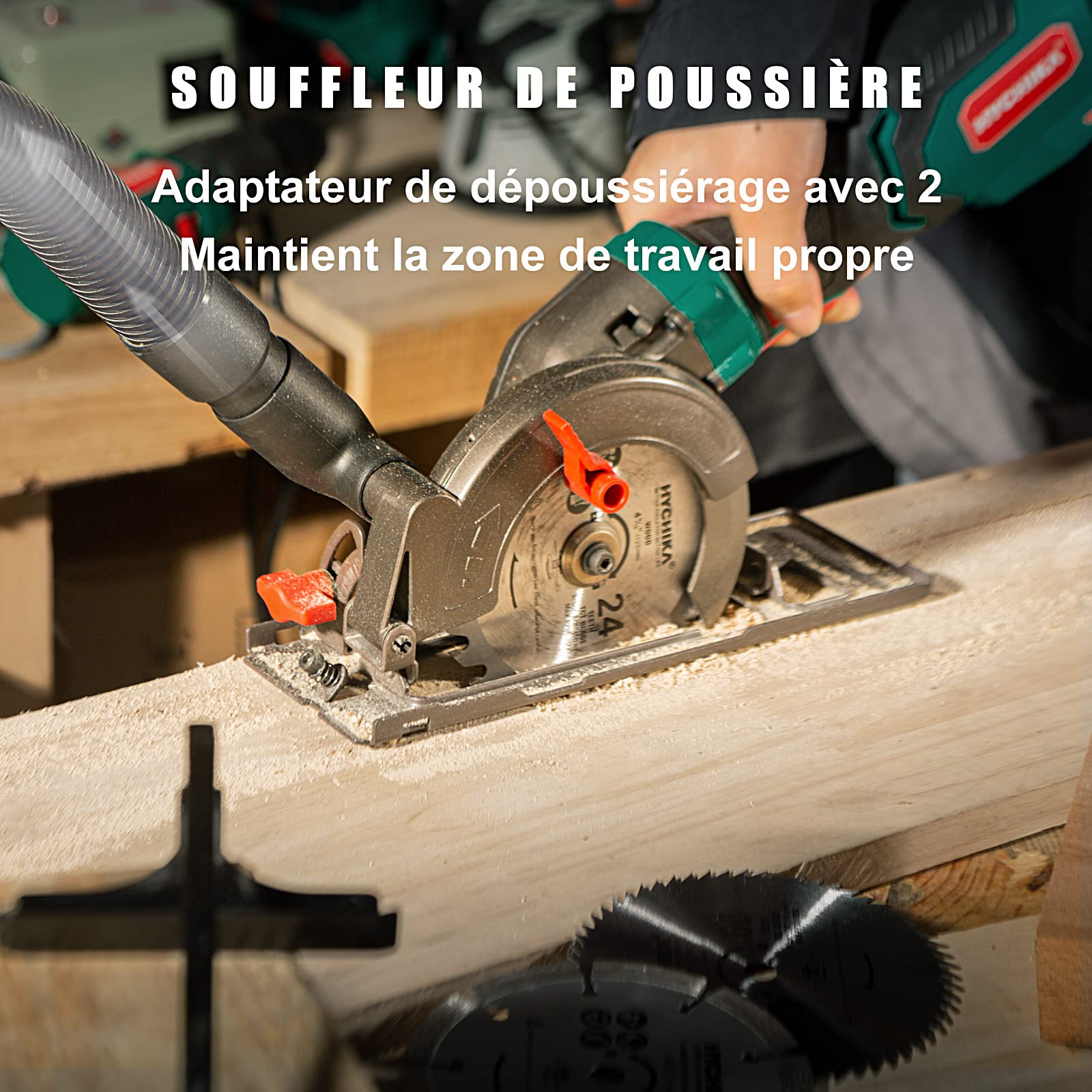 HYCHIKA Mini Scie Circulaire 750W 3500TR/MIN, Scie Compacte avec 3 Lames (24T/60T/9T) pour Bois, Métal et Carrelage, Coupe Biseautée 45°/90° (Profond. Max 48mm), Bricolage