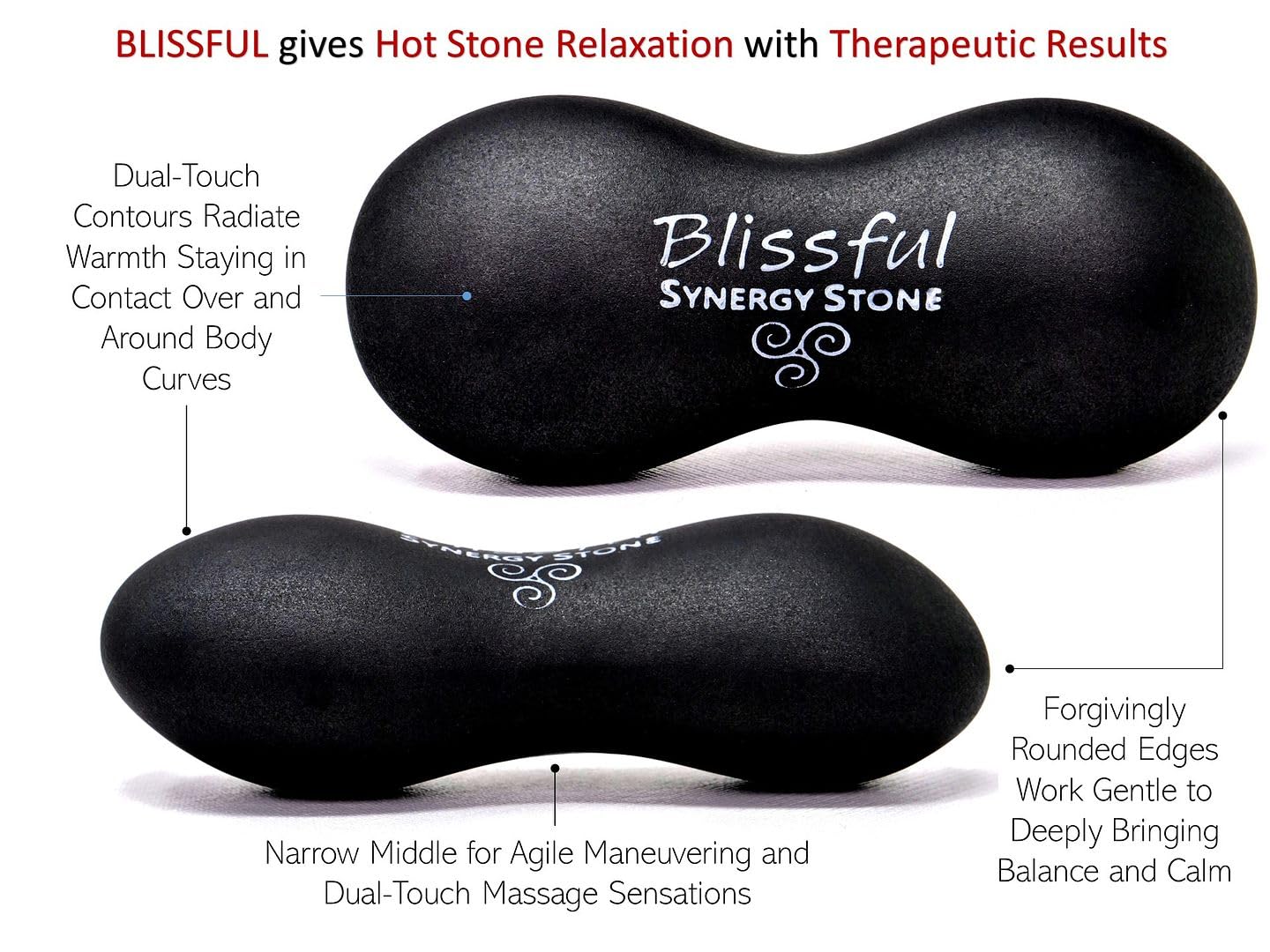Lot de 2 pierres de synergie Blissful (Basalt Black) - Outils de massage aux pierres chaudes profilées - Chaleur profonde pour soulager les tensions musculaires - Relaxante et thérapeutique - Surface