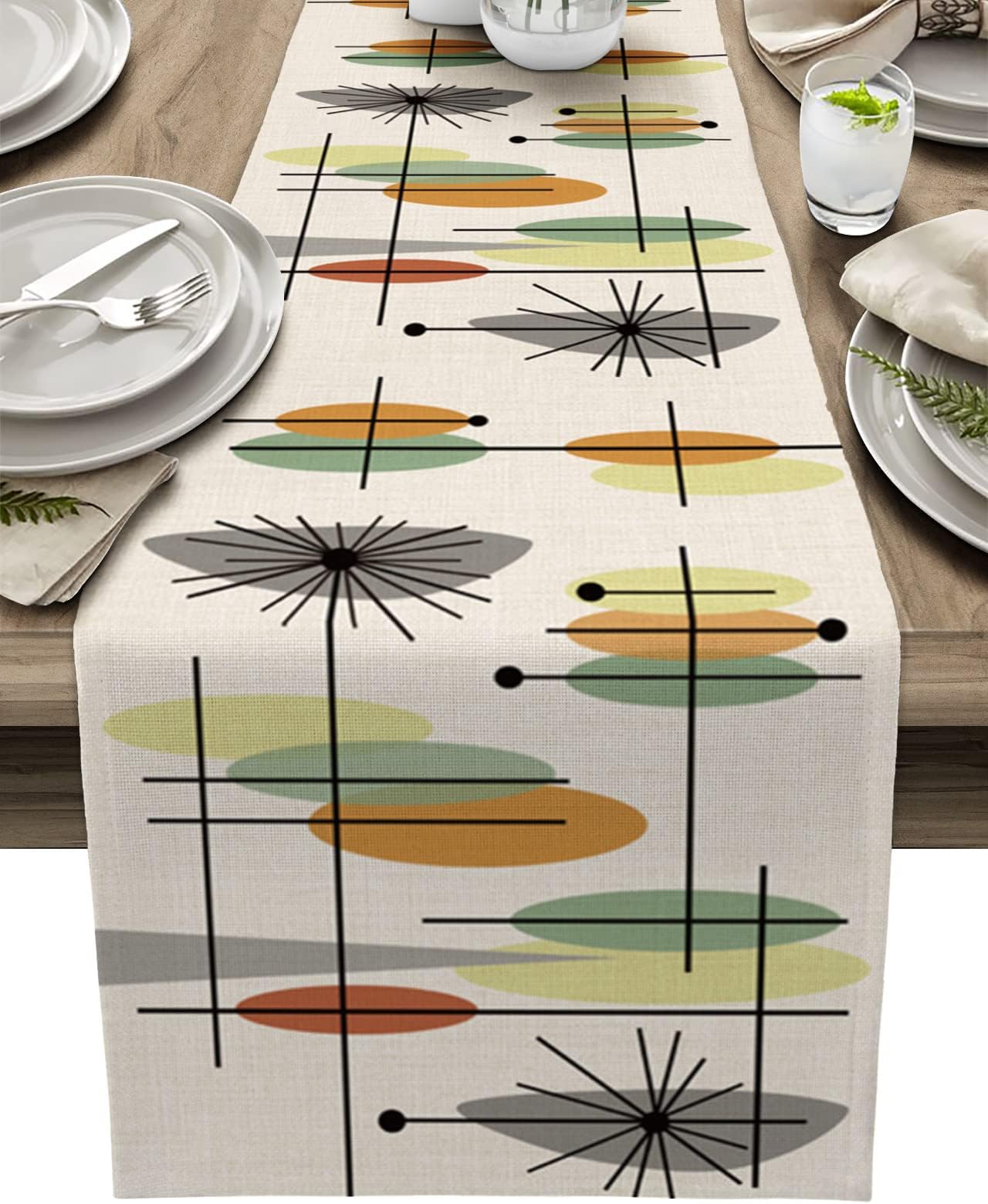 Table Runner 48 Inches Long Mid-Century Geometry Abstract Lotus Yellow Green Orange Grey Rustic Cotton Line Table Runner for Indoor Outdoor Party/Holiday/Wedding/Gathering 13x48in