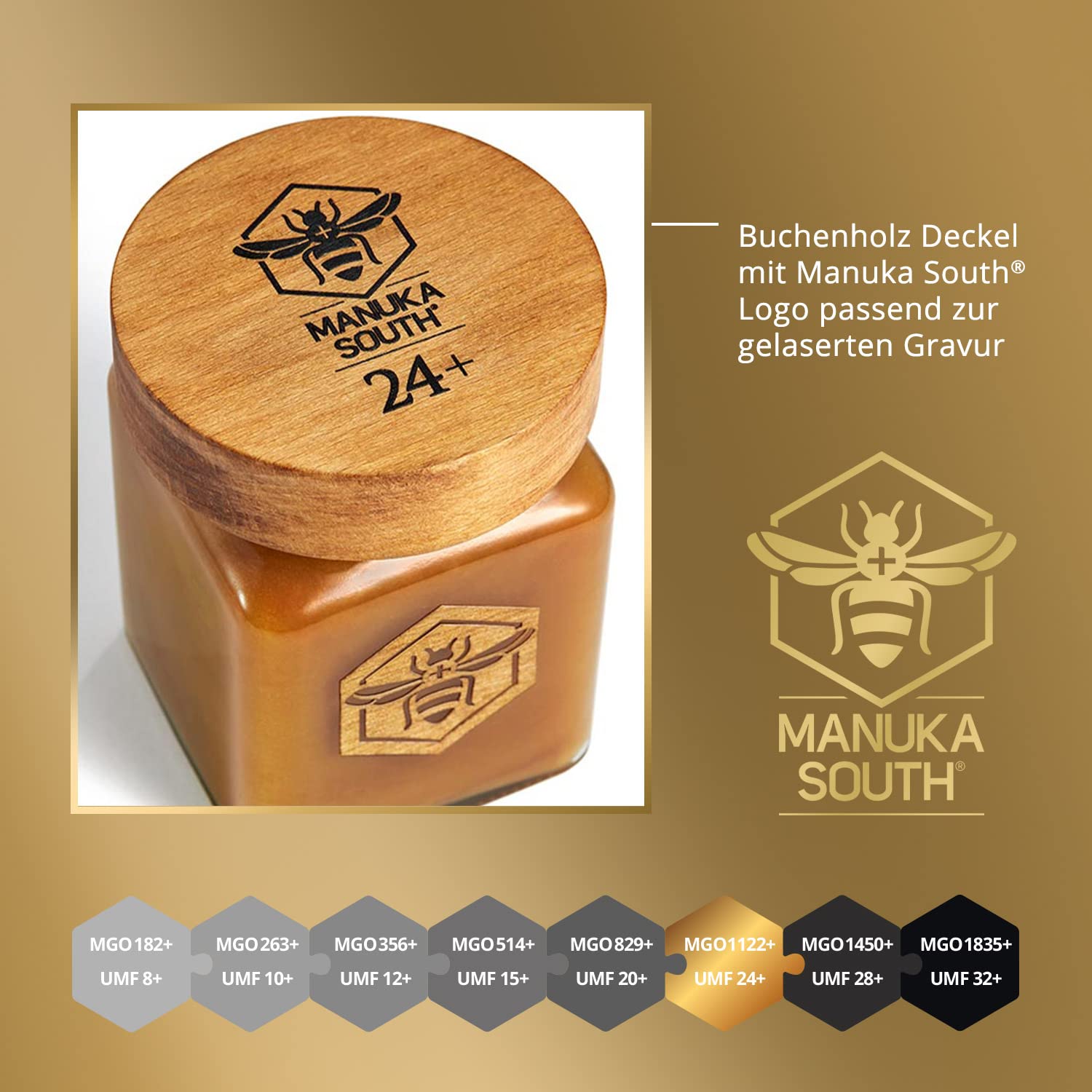 Manuka South Honig MGO 1122+ (UMF24+) 340g - Honigglas mit edlem Buchenholz Deckel - Premium Manuka-Honig aus Neuseeland mit Gold-Verpackung - roh und naturbelassen - exklusive Geschenkidee
