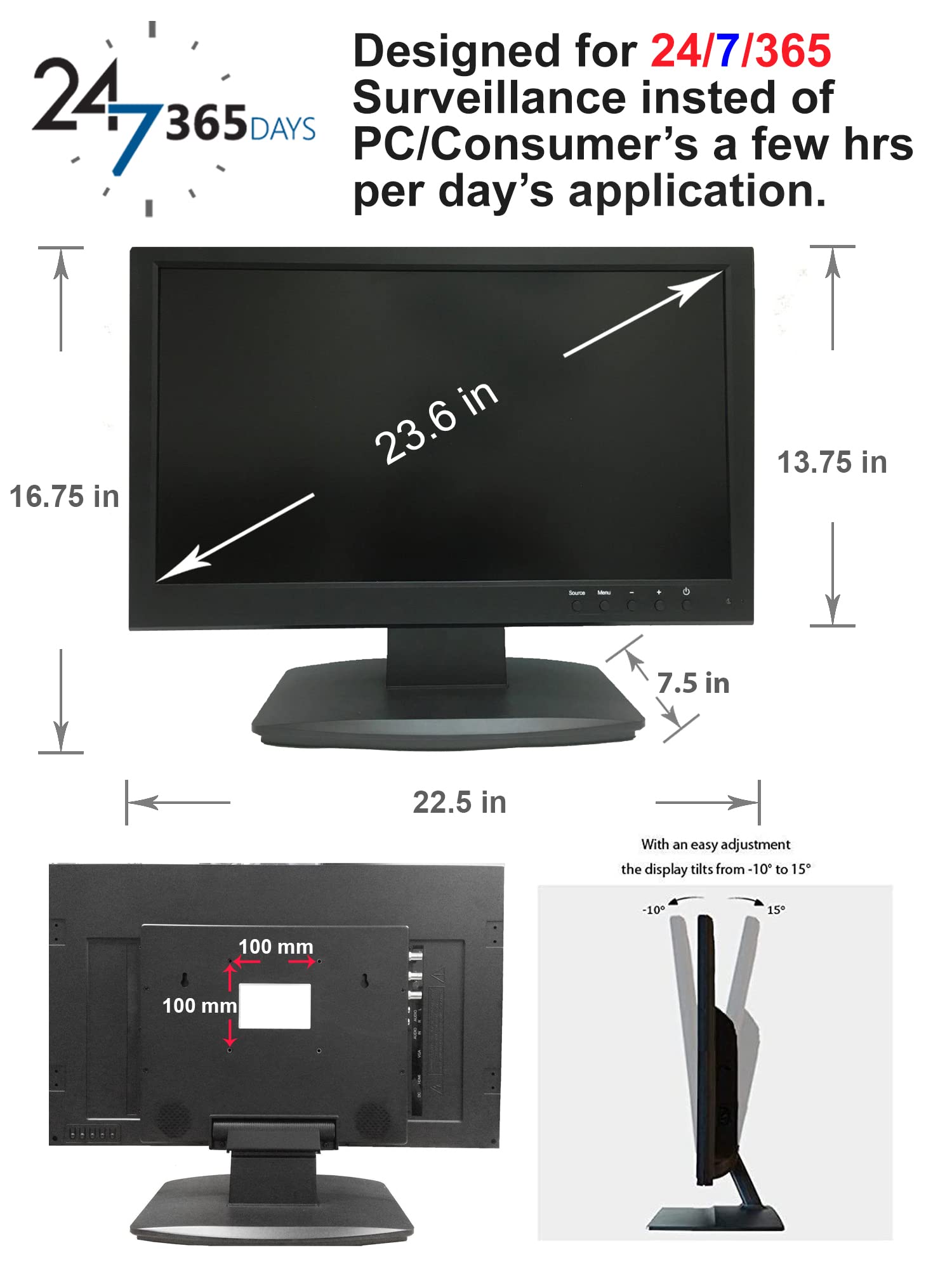 1stPV 23.6 pulgadas analógico HD 16:9 profesional LED Monitor de seguridad 1xHDMI y 2xBNC entradas (HD-TVI/AHD/CVI/CVBS) y 2x BNC salida para casa oficina DVR cámara CCTV sistema de vigilancia