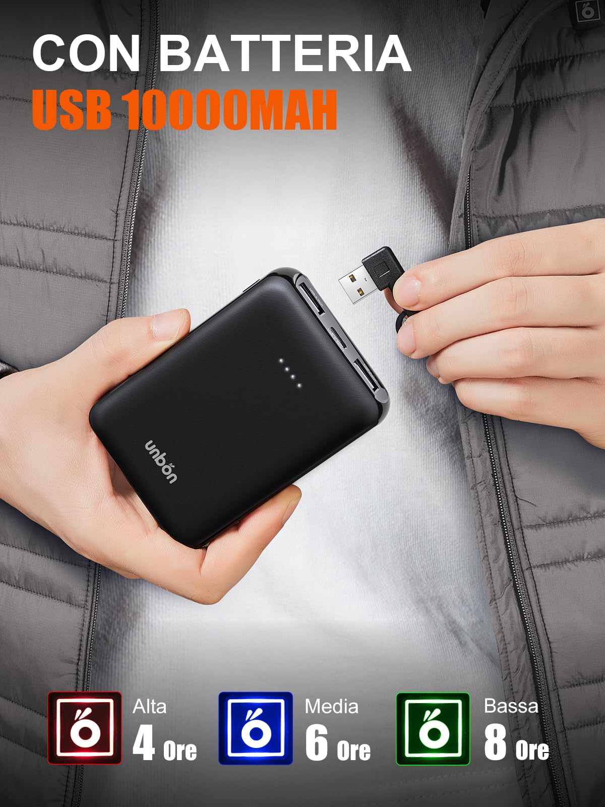 UNBON Gilet Riscaldato Uomo, Giubbotto Riscaldato Uomo con Batteria USB 10000mAh, Gilet Riscaldante Termico 3 Temperature 6 Zone di Calore, Giubbotto Riscaldante Invernale per Moto Caccia