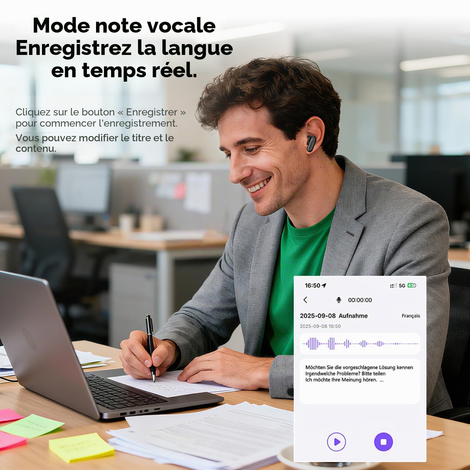Traducteur Écouteur NE20 OWS Sans Fil 134 Langues IA Bluetooth 5.4 Écran LED Blanc
