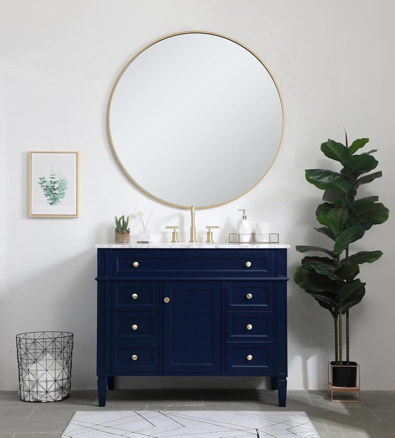 42 Single Bathroom Vanity, with Carrara White Marble Top Soft-Close, Blue