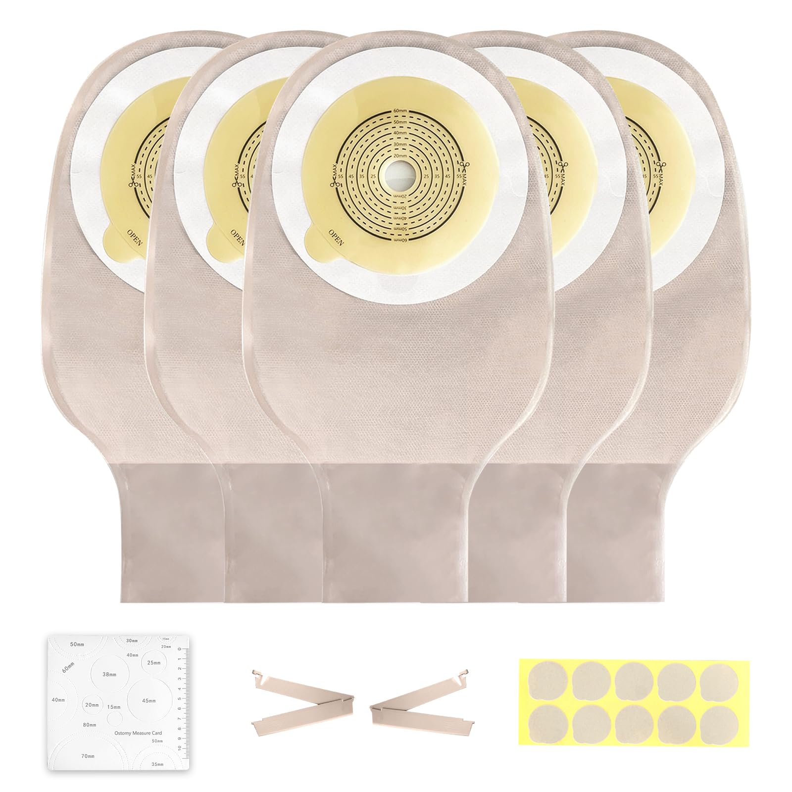 5 PCS Colostomy Bags,Ostomy Supplies,One Piece Drainable Ostomy Pouch Bags with 2 Clips Closure for Ileostomy Stoma Care,20mm-60mm Cut-to-Fit
