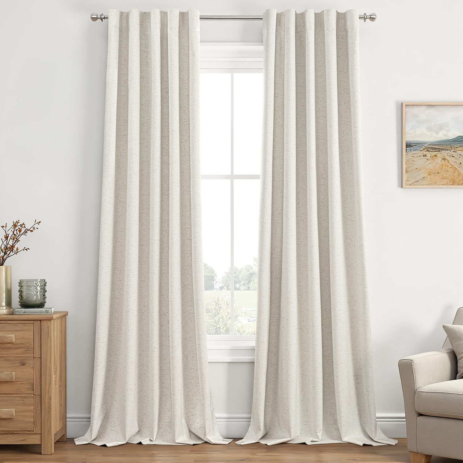 Natural Linen Blackout Curtains 96 inches Long 2 Panels Set for Bedroom Back Tab Thermal Insulated 100% Black Out Drapes Pinch Pleated Hooks Room Darkening Window Curtain for Living Room, 42 x 96 Inch