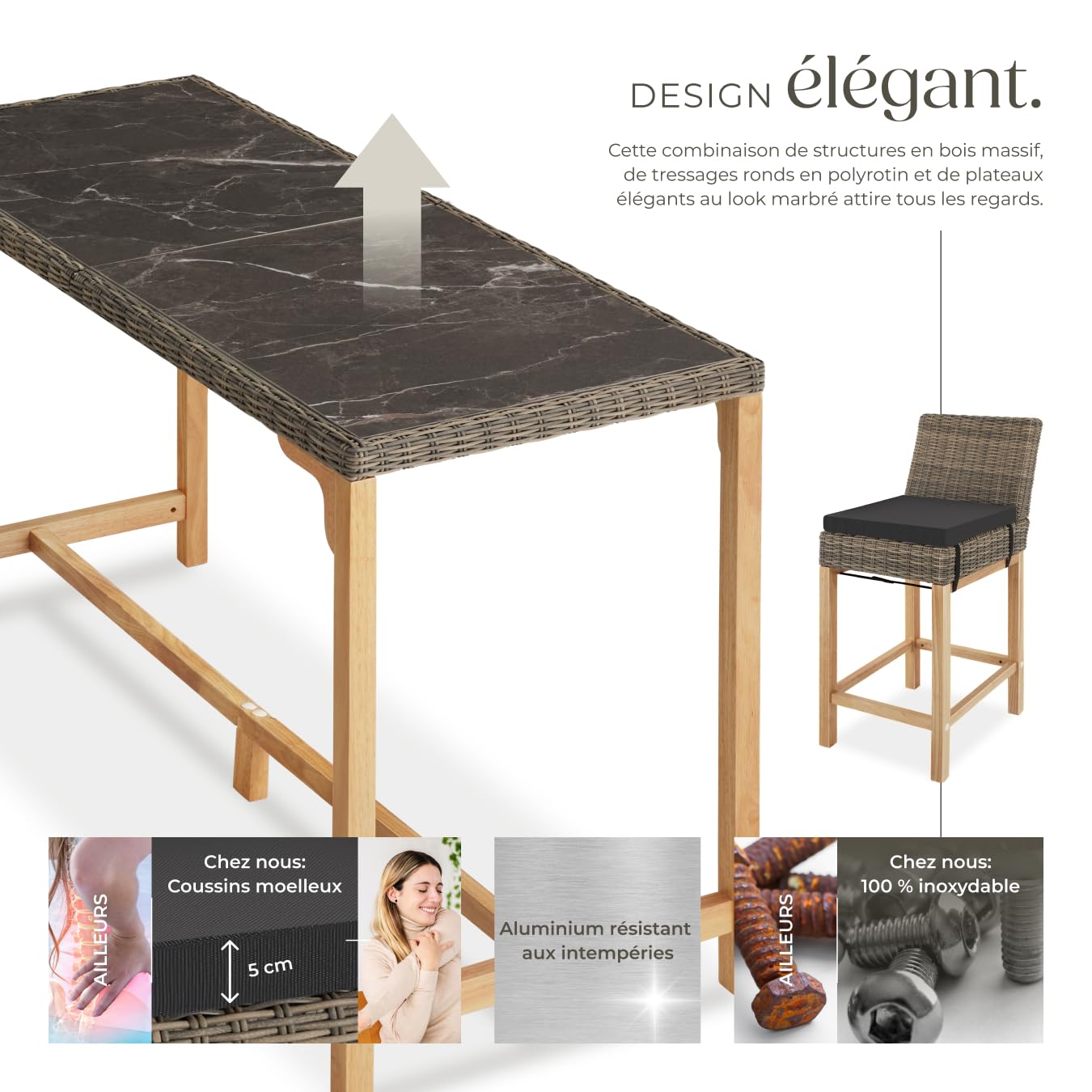 tectake® Ensemble de Bar Extérieur en Poly Rotin 6 Places - Table et Chaises de Jardin avec Coussins Inclus - Mobilier pour Aménagement Balcon