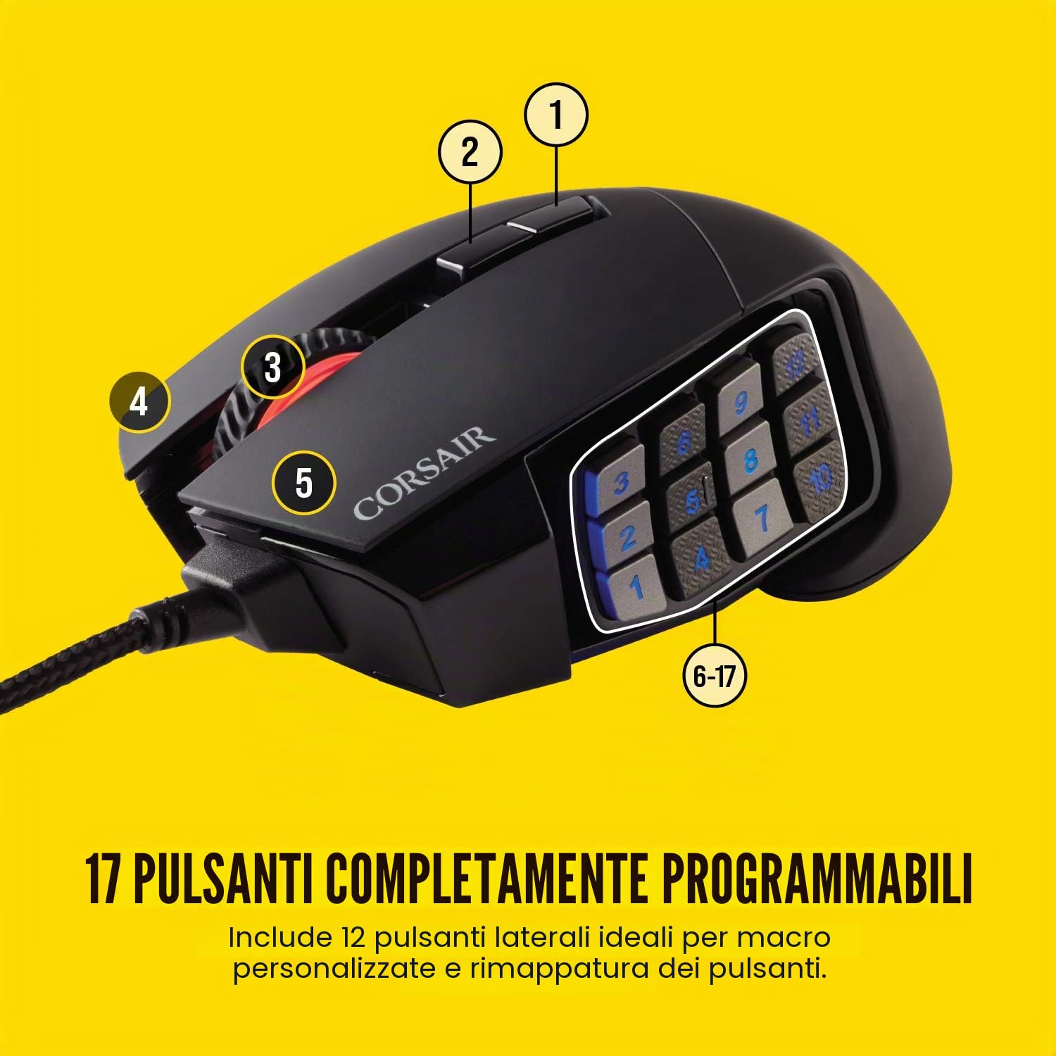 Corsair Scimitar RGB Elite - Mouse da gioco MOBA/MMO, nero, retroilluminato, LED RGB, 18000 DPI, ottico
