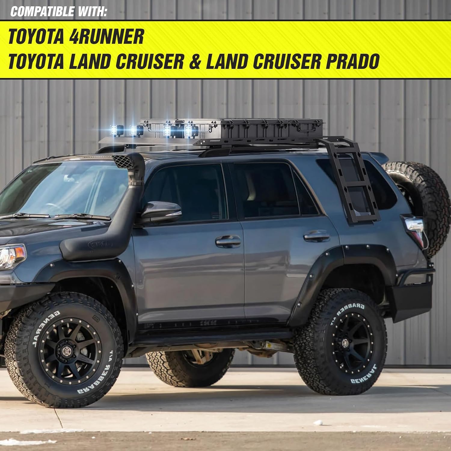 YZONA Roof Rack Hard Top Cargo Basket with Ladder & 4 LED Lights Compatible with Toyota 4Runner / Land Cruiser & Prado 4 Doors Hardtop, Rooftop Rack Carrier Luggage Storage Holder