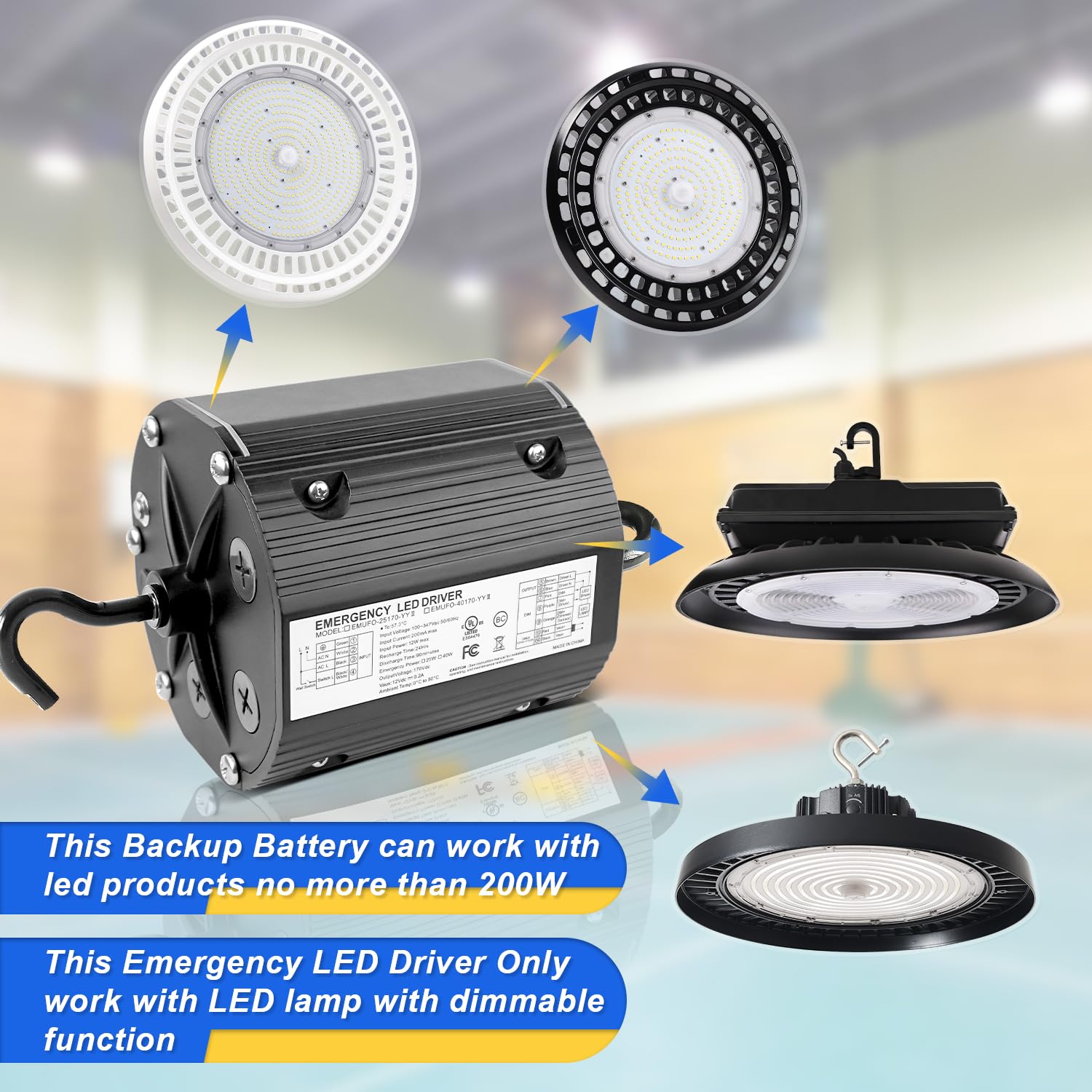 25W LED Emergency Backup Driver, Rechargeable Backup Battery for Dimmable UFO LED High Bay Light(＜200w), Input AC 100-347V Output DC 170V, Emergency Time 90 Minutes, UL Listed (1-Pack)