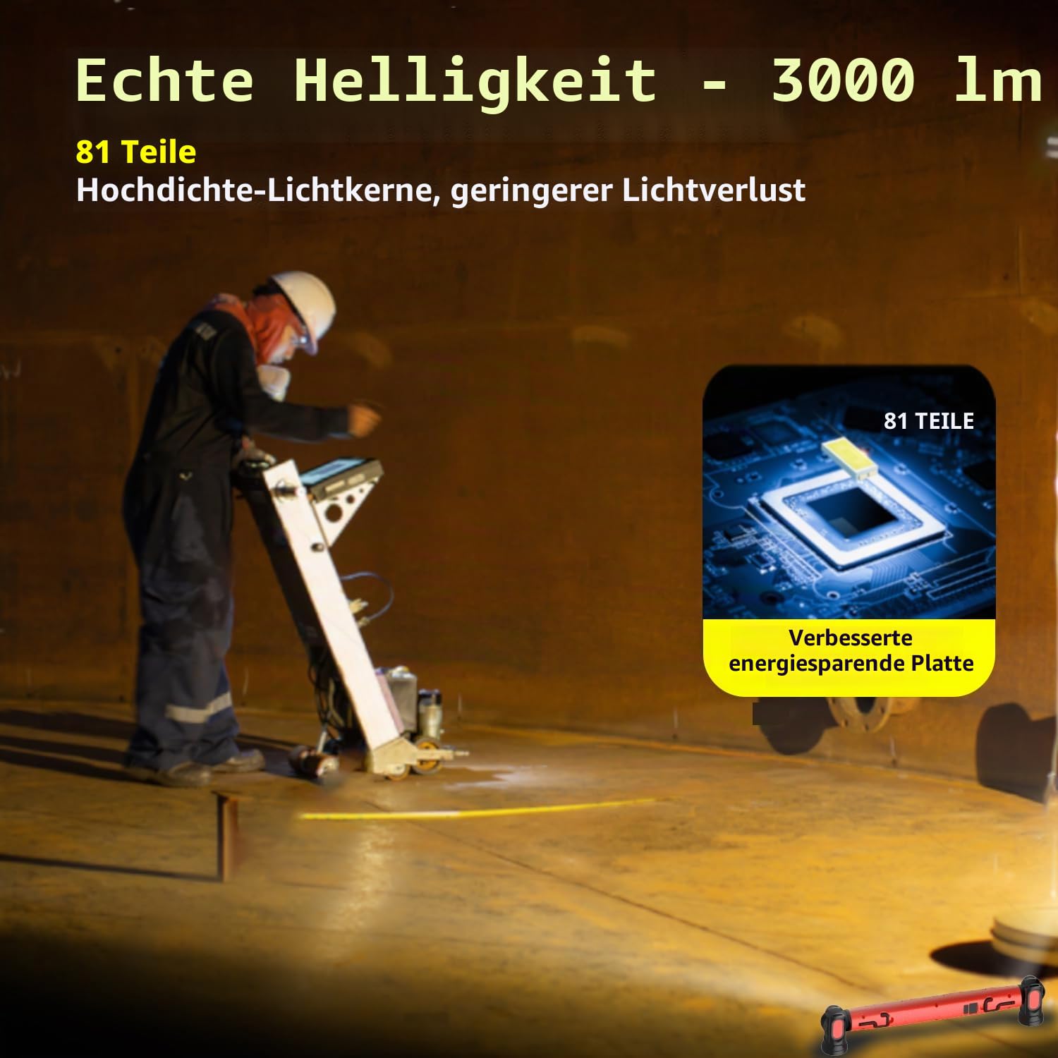Unterhauben-Arbeitslichtleiste, 3000 lm, LED, magnetische Lichtleiste mit Haken, 5200 mAh, schnurlos, wiederaufladbar, für Mechaniker/Autoreparatur/Garage,red
