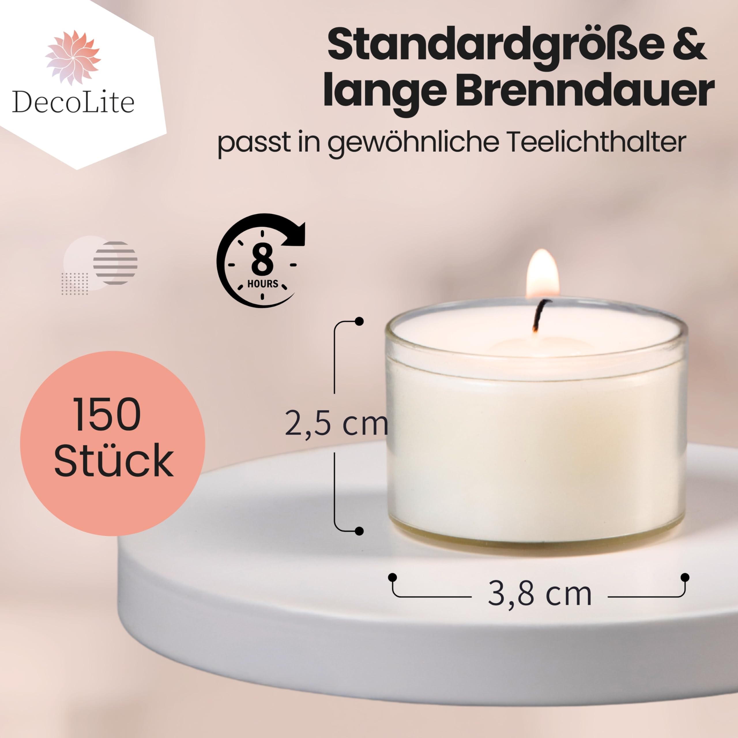 Teelichter 8h Brenndauer, transparente Hülle, 150 Stück