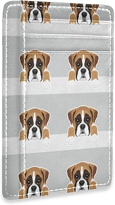 Boxer Dog Face Heads Seamless on White Grey Slim Minimalist Wallet, Front Pocket RFID Blocking Leather Credit Card Holder, Case Protector Covers for Men Women