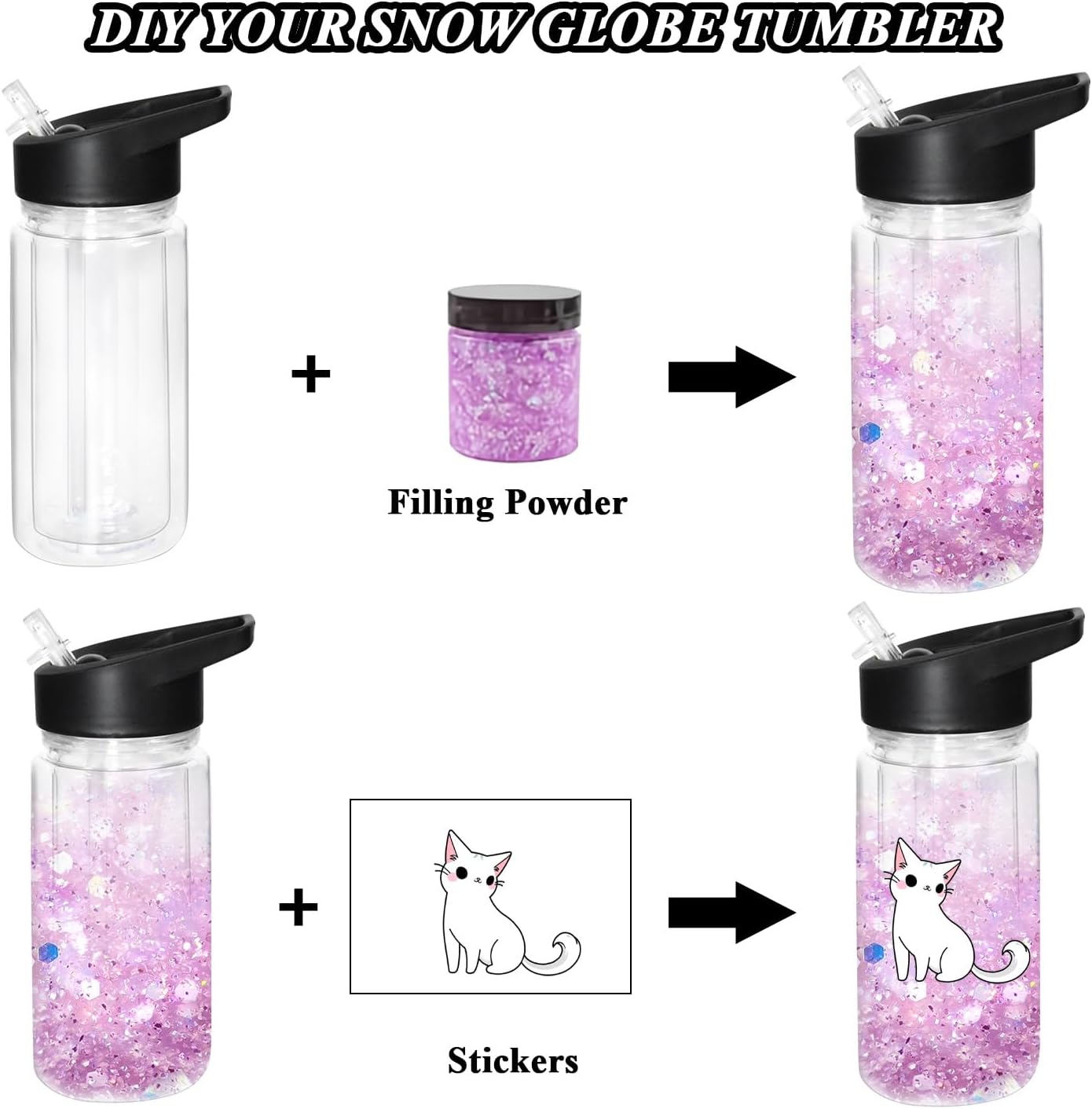 10OZ Plastic Snow Globe Tumbler, 8pack - Double Wall Clear Construction with Pre-Drilled Hole & Stopper, Leak-Proof Design, Portable Handle Lid, Perfect for Glitter DIY, Personalized Gifts, Black - Image 4