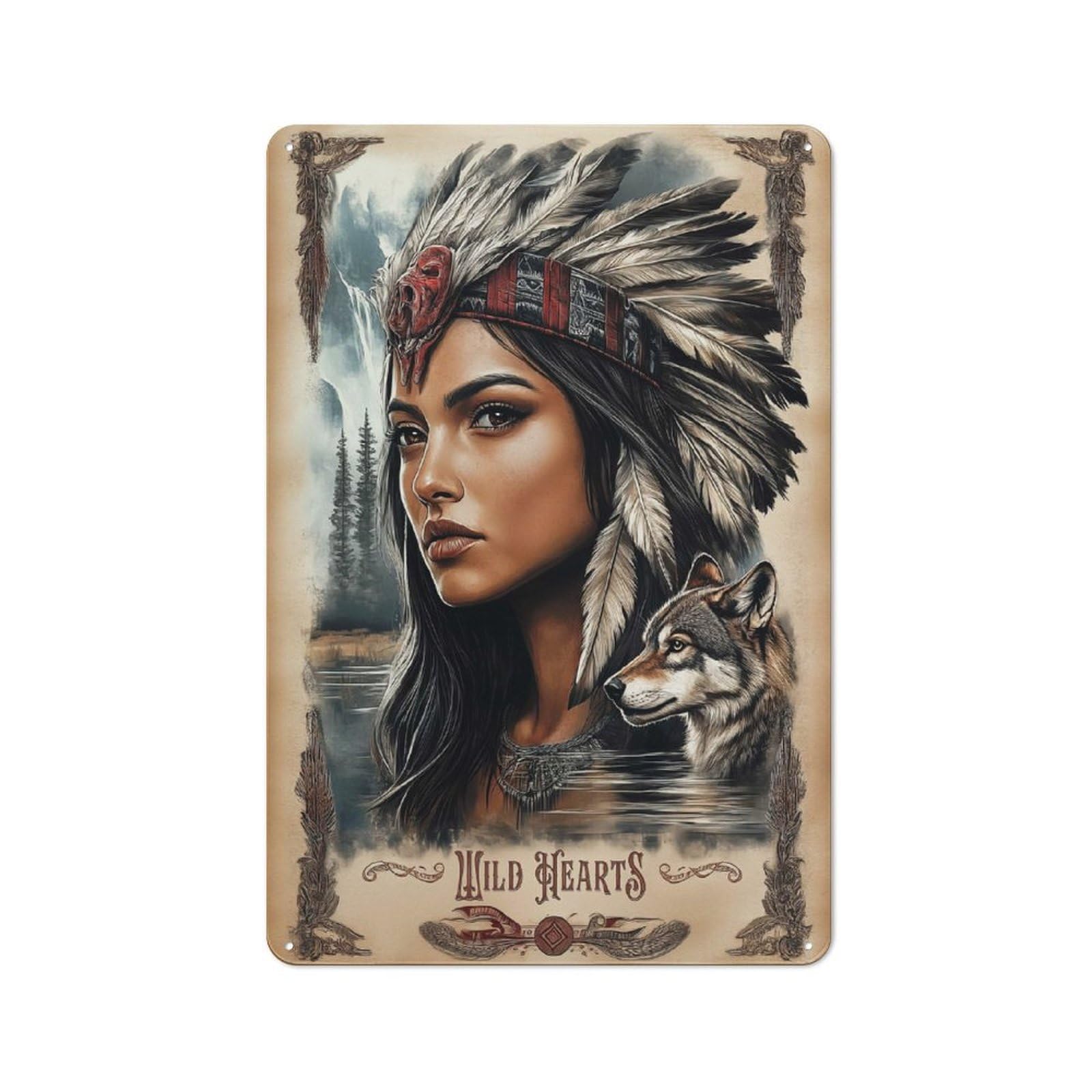 Native American Woman with Wolf Cottage Style Metal Wall Decor 30x20cm, Farmhouse Metal Sign for Kitchen, Cottage, Porch Or Garden Room