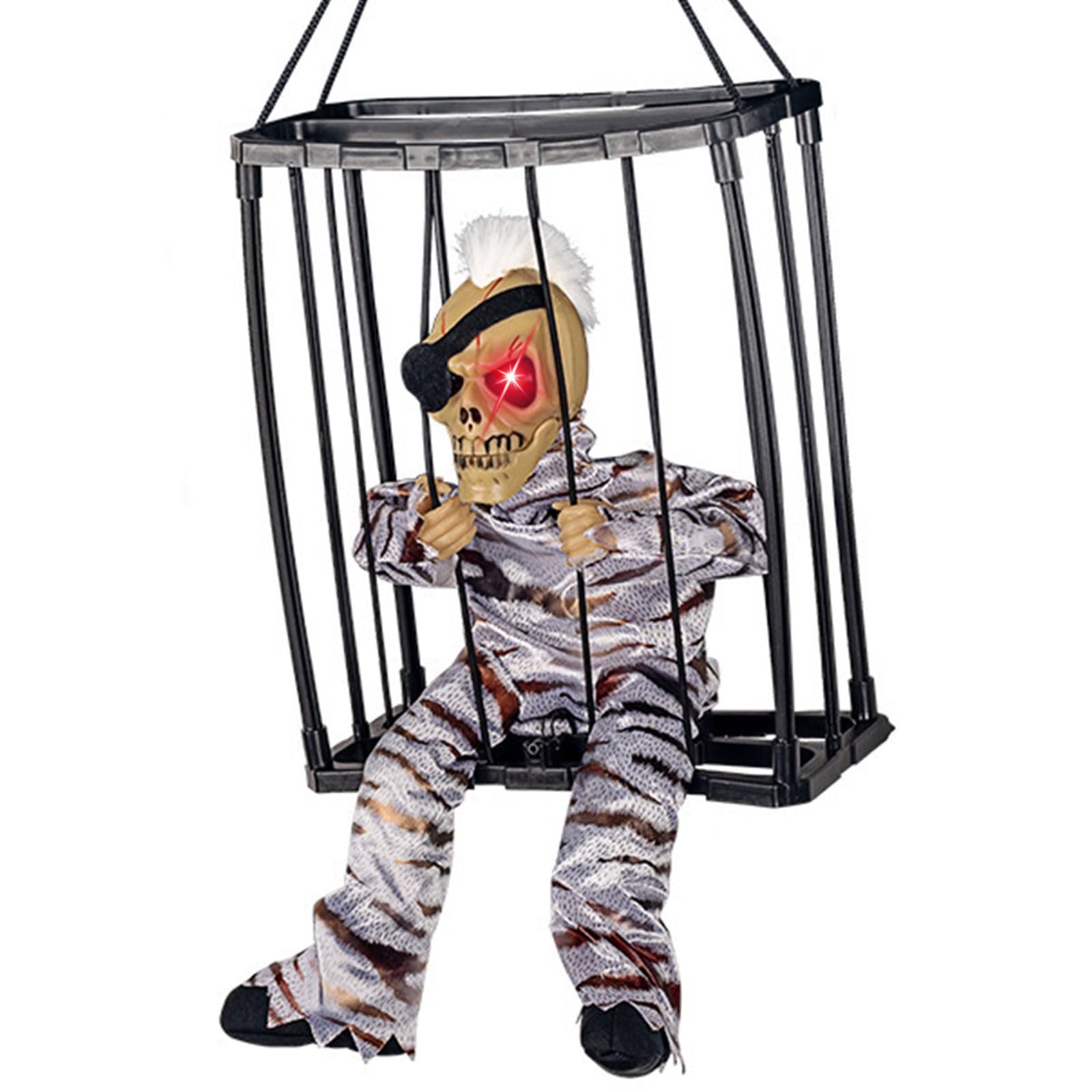 Screaming Skeleton Prisoner Halloween Decorations with Motion Sensor, LED Light Up Eyes & Spooky Sound, Halloween Animatronics Hanging Ghost Cage for Indoor Outdoor Haunted House Decor (D)