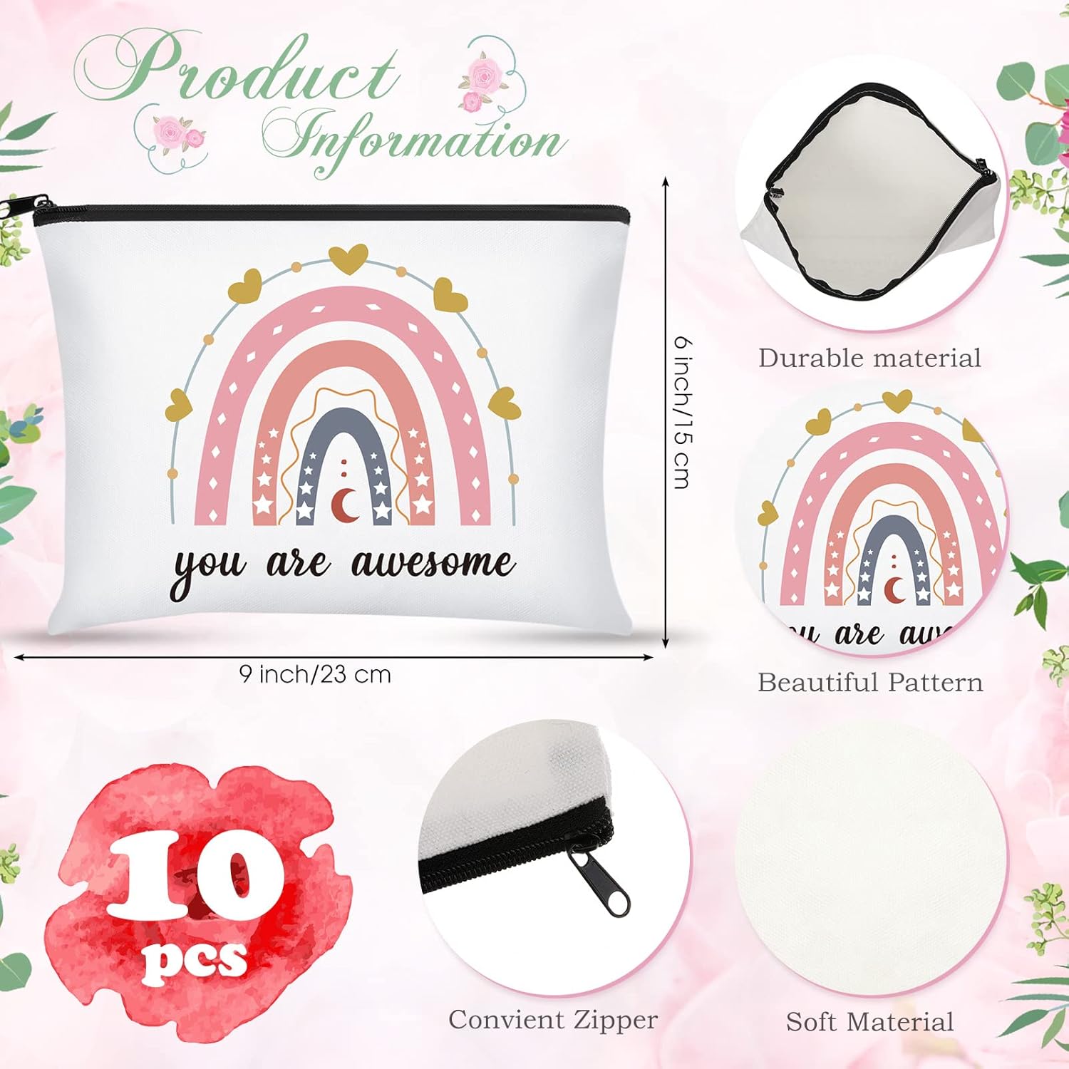 Chunful 10 Pieces Inspirational Canvas Makeup Bags for Women Graduation Gift Rainbow Canvas Cosmetic Bags Bulk with Zipper Friendship Gift Travel Toiletry Pouch(Moon Style) - Image 2