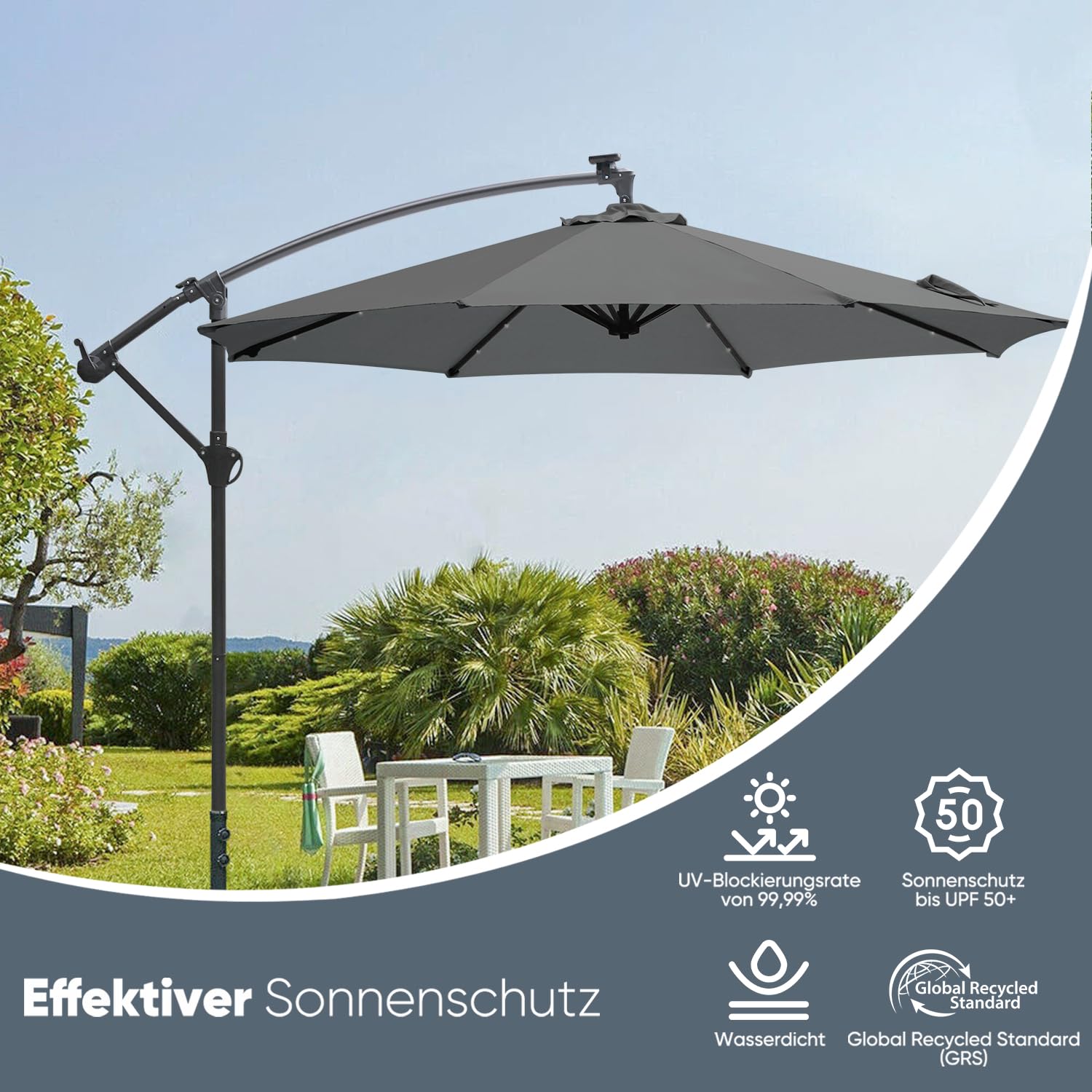 SWANEW Ombrellone a sbalzo 300 cm con LED, protezione UV, manovella