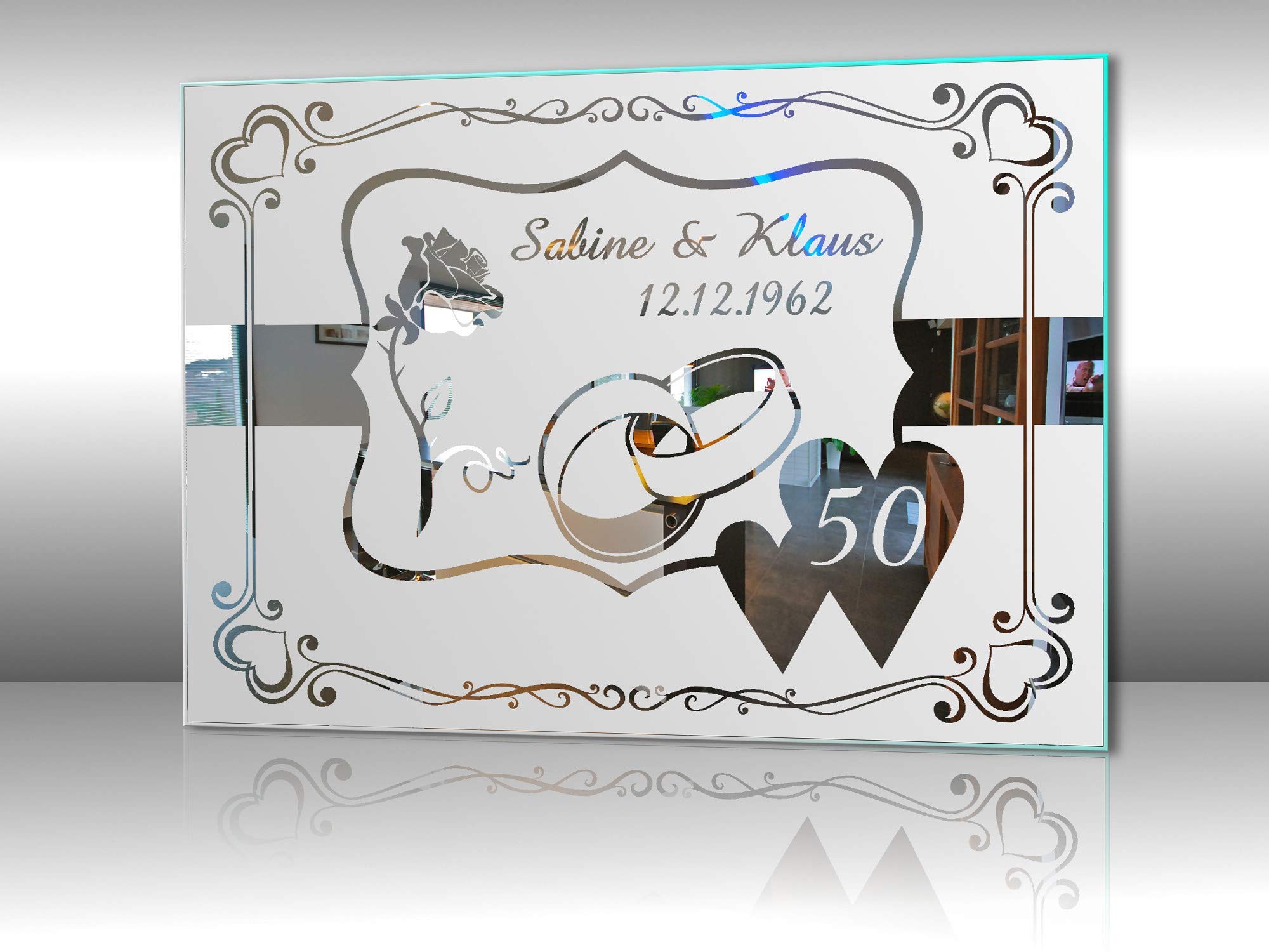 Spiegel mit Gravur zur Goldenen Hochzeit 4 ★ Wandbild ★ Hochzeitstag ★ Ehe ★ Hochzeitsgeschenk ★ 50 Jahre ★ personalisiert